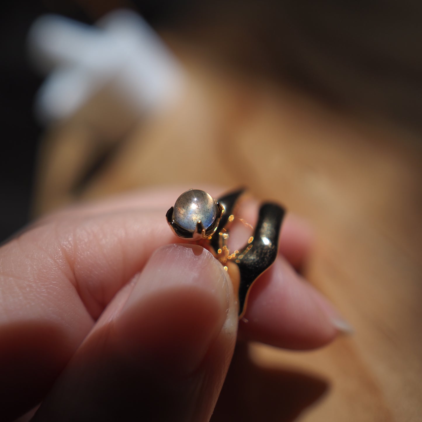 Natural Labradorite Sterling Silver Ring, Gold Plated