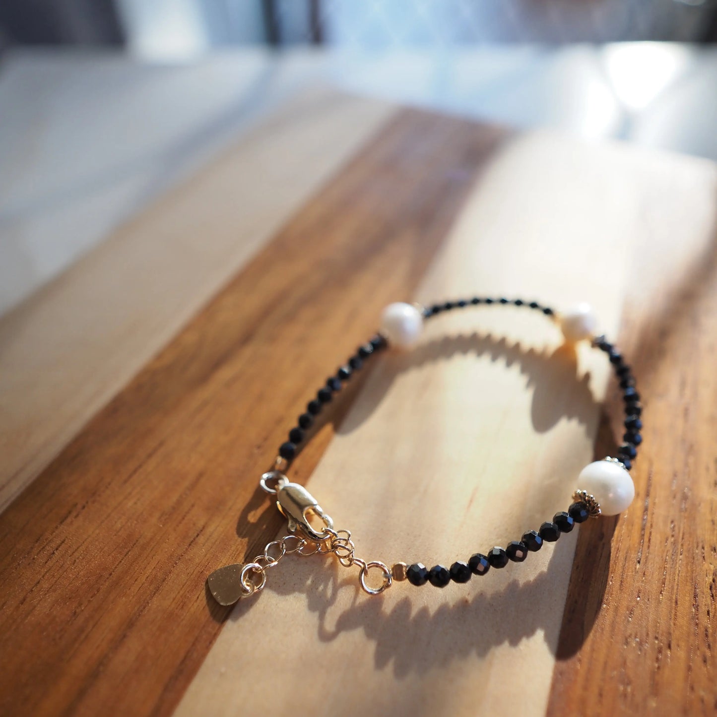 Black Spinel and Freshwater Pearl Bracelet, Gold Plated Zennara