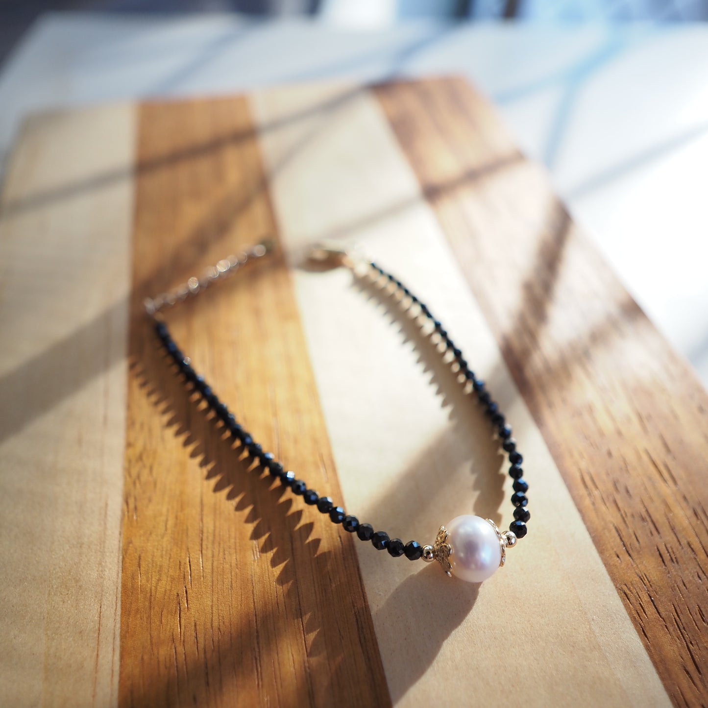Black Spinel and Freshwater Pearl Bracelet, Gold Plated Zennara
