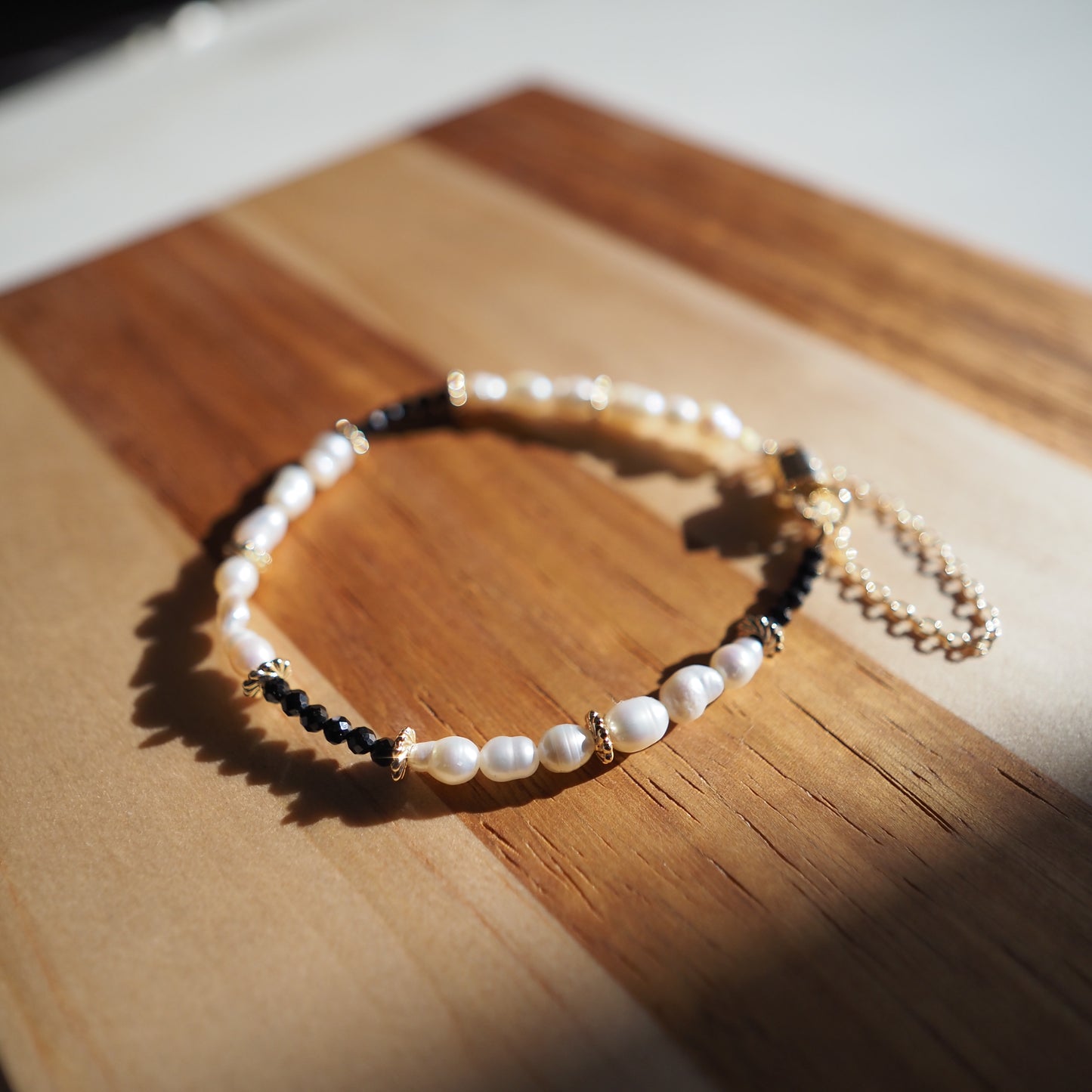 Black Spinel and Freshwater Pearl Bracelet, Gold Plated Zennara