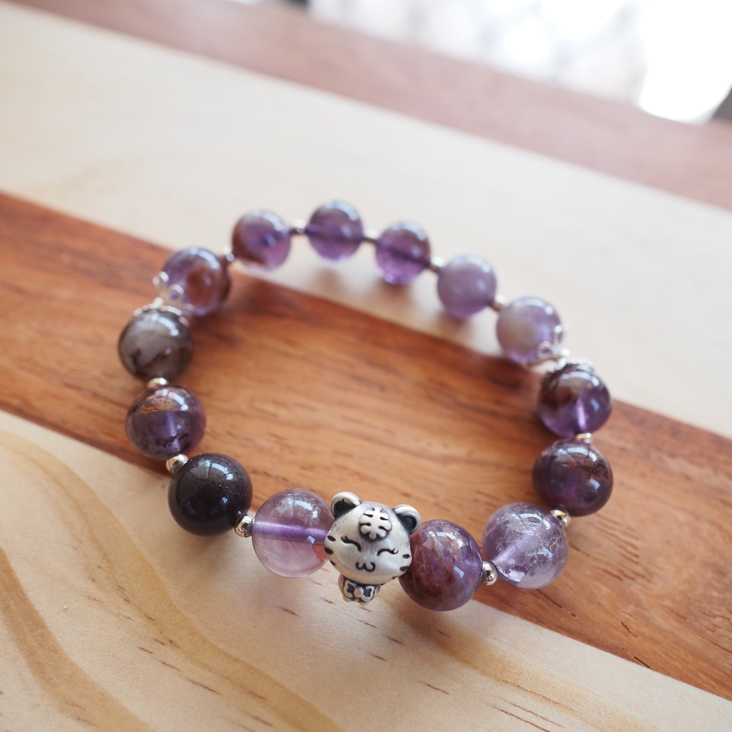 Natural Amethyst Phantom Quartz with S925 Silver Cartoon Style Tiger Charm Bracelet 11mm