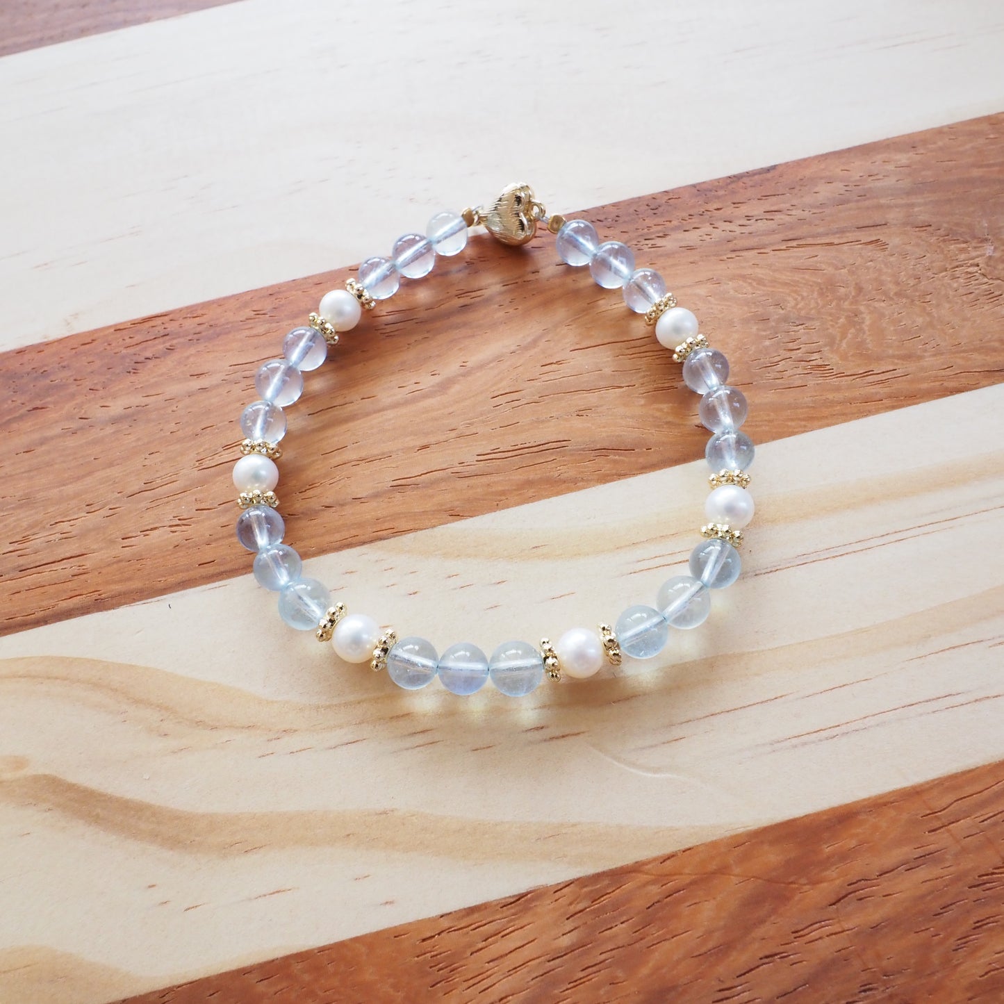 Natural Aquamarine Crystal and Freshwater Pearl Bracelet 5.5mm, 14K Gold Plated