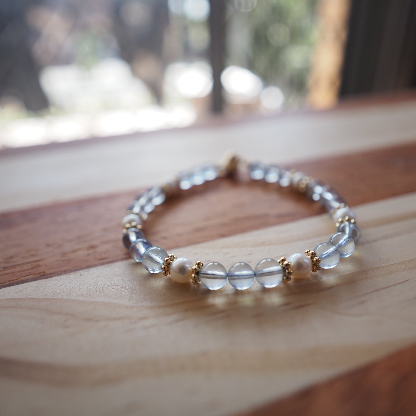 Natural Aquamarine Crystal and Freshwater Pearl Bracelet 5.5mm, 14K Gold Plated