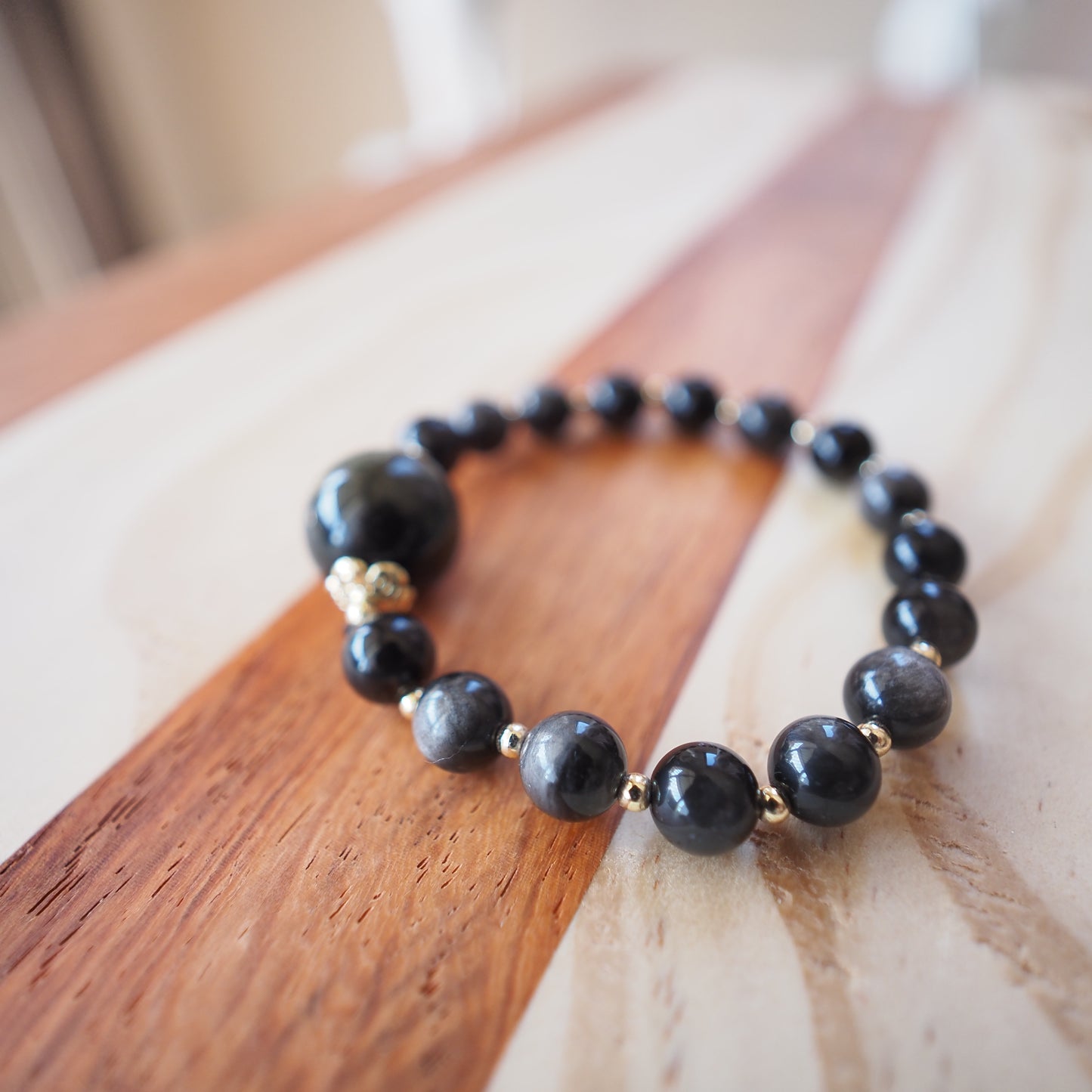 Natural Rainbow Obsidian with 16mm Round Gold Sheen Obsidian Bead Bracelet 8mm