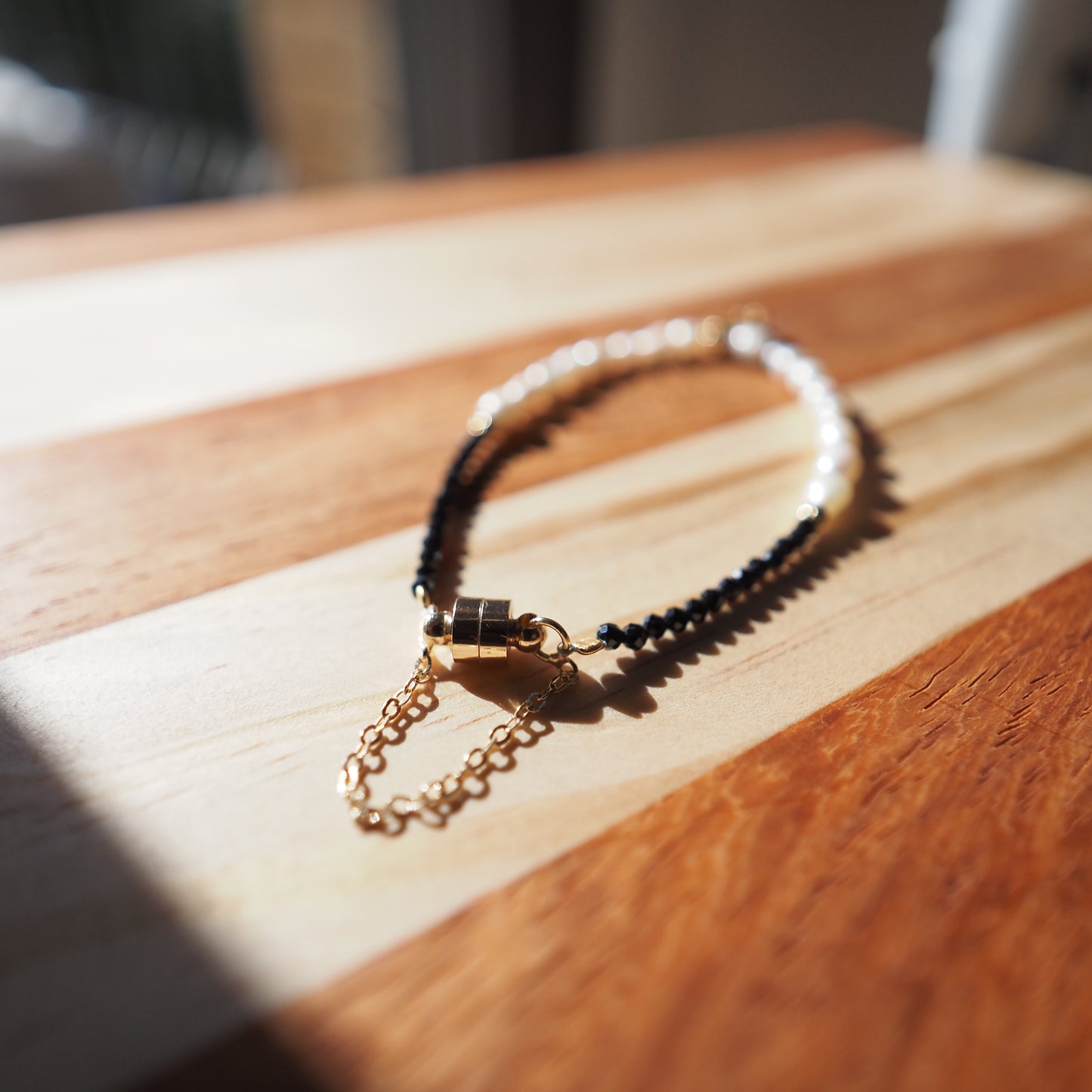 Black Spinel and Freshwater Pearl Bracelet, 14K Gold Plated