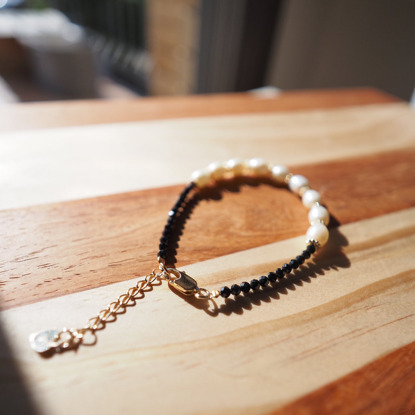 Black Spinel and Freshwater Pearl Bracelet, Gold Plated