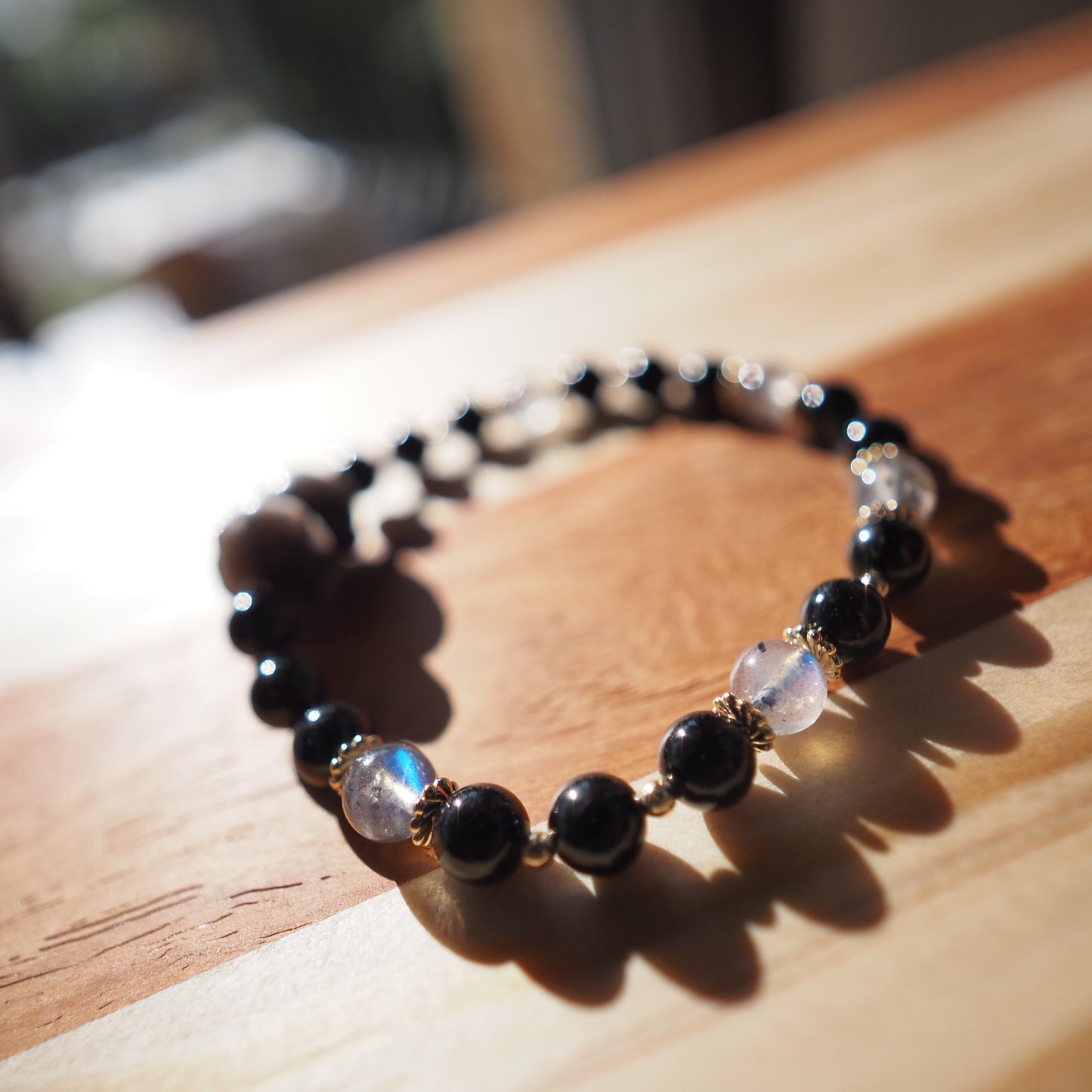 Natural Black Tourmaline and Labradorite with Silver Sheen Obsidian Spaceman Gemstone Bead Bracelet 6mm