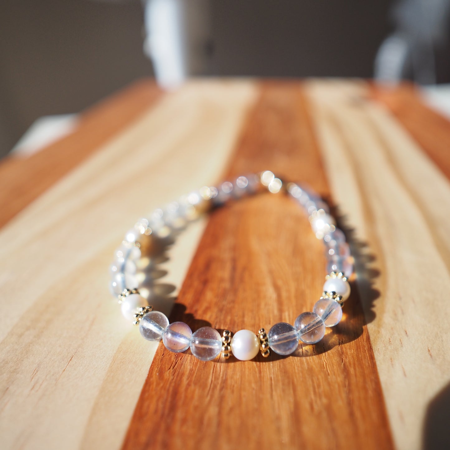 Natural Aquamarine Crystal and Freshwater Pearl Bracelet 5.5mm, 14K Gold Plated