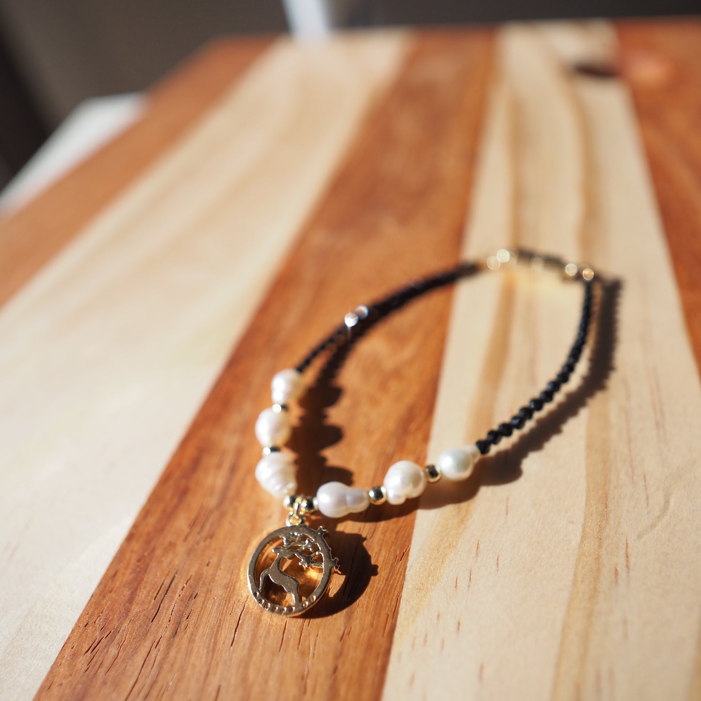 Black Spinel and Freshwater Pearl Bracelet, 14K Gold Plated