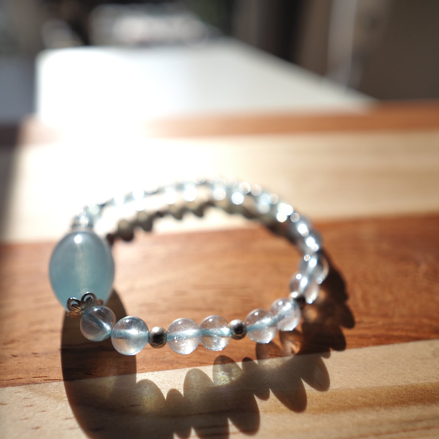 Natural Aquamarine Crystal 6mm Round Bead and 14mm Barrel Bead Bracelet