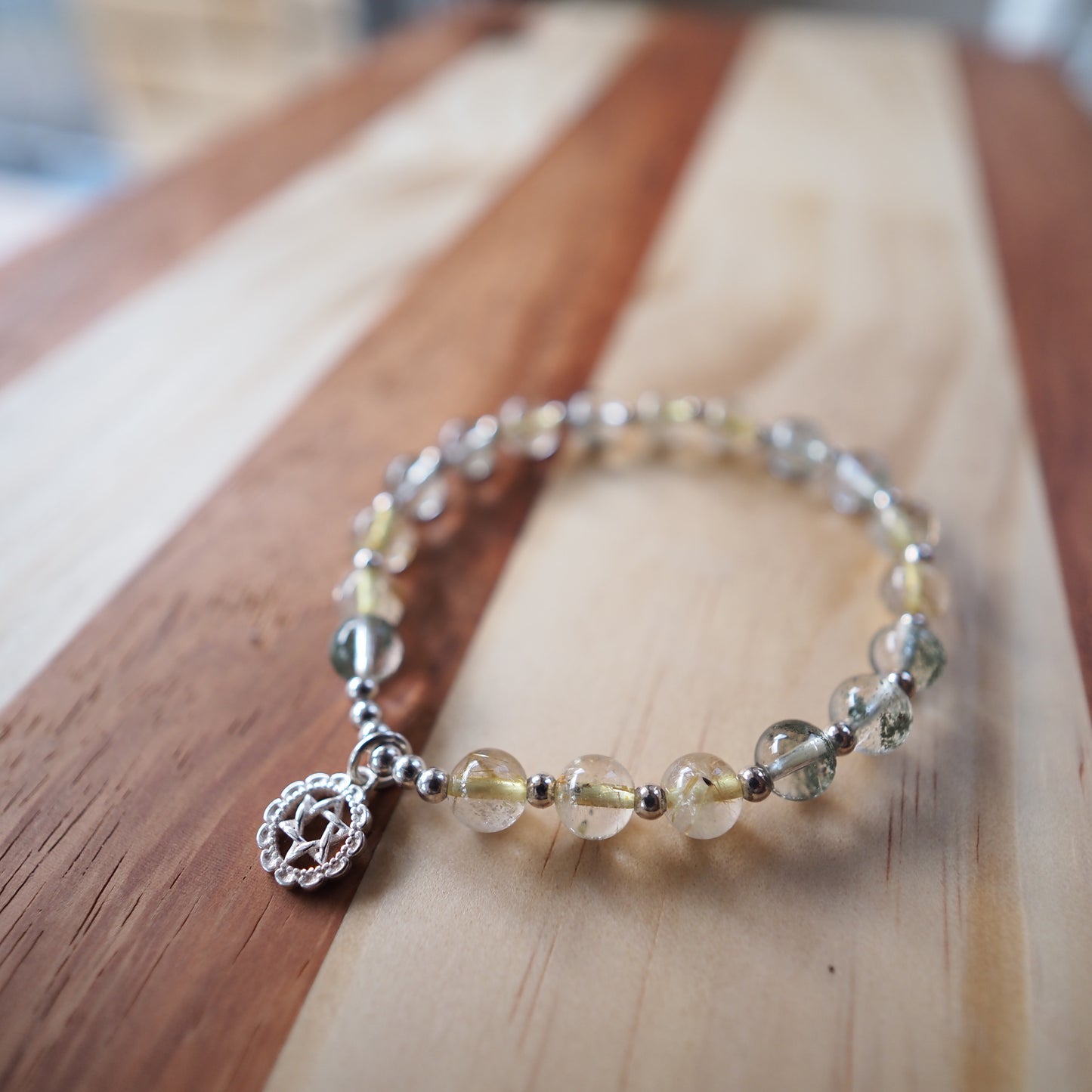 Natural Green Phantom Quartz and Golden Rutilated Quartz with S925 Silver Charm Bracelet 7mm