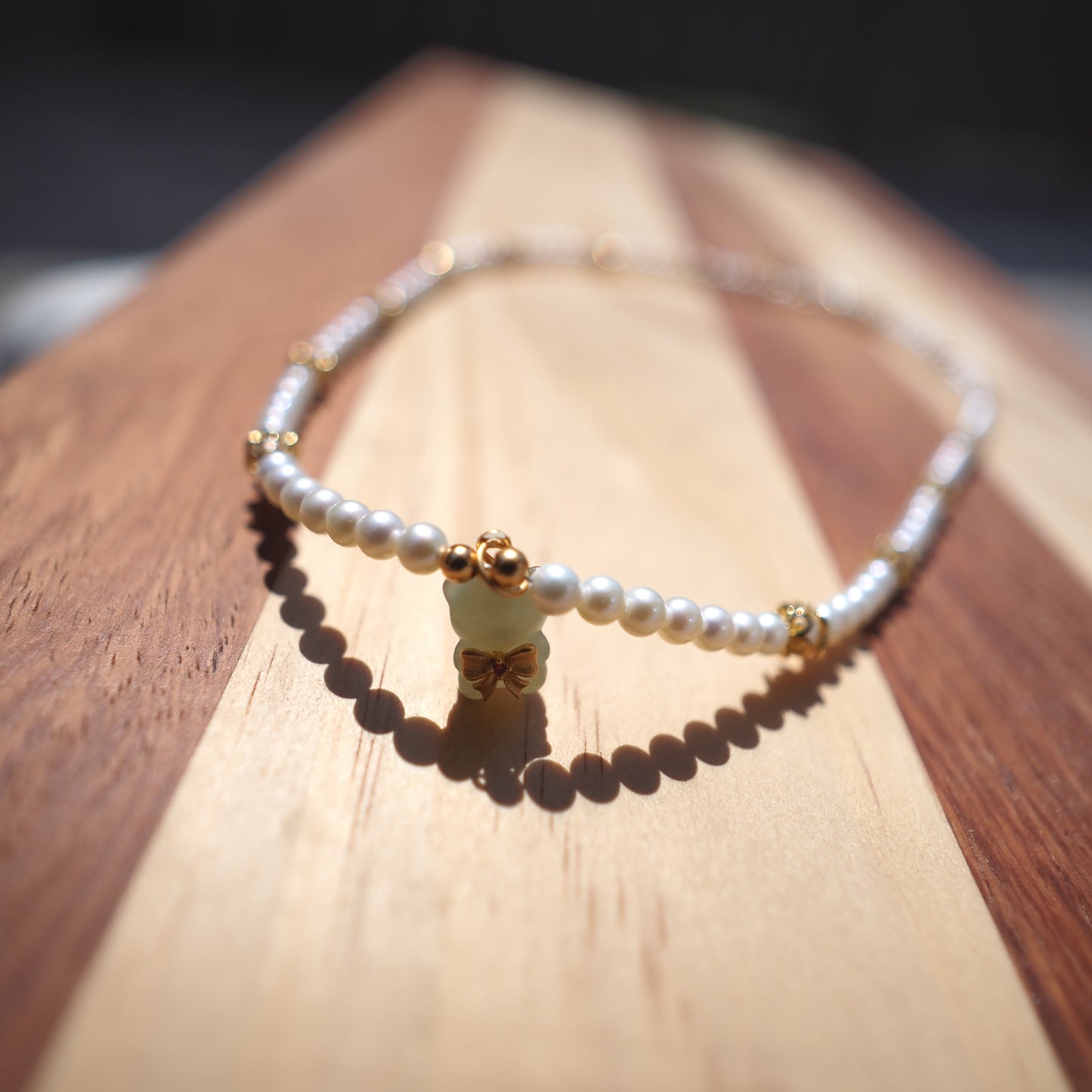 Freshwater Pearl Necklace with Hetian Jade Bear Pendant | 925 Gold-Plated Silver Beaded Necklace | Elegant Handmade Jewelry for Women