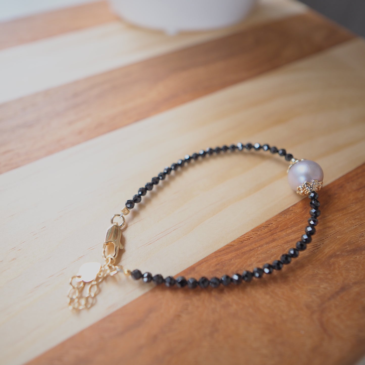 Black Spinel and Freshwater Pearl Bracelet, 14K Gold Plated