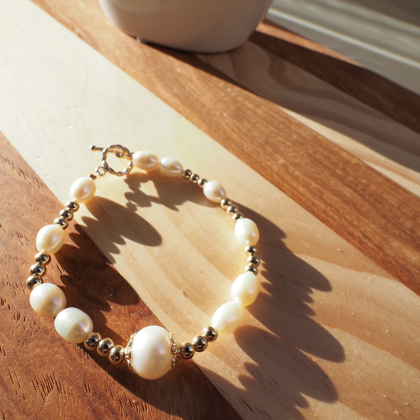 Natural Freshwater Pearls Bracelet, 14K Gold Plated