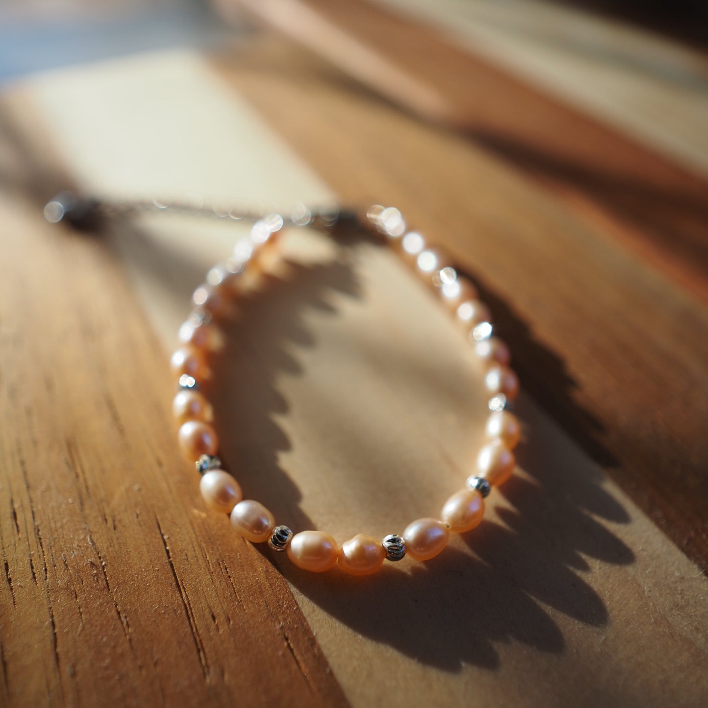 Natural Pinky Orange High Luster Bead Freshwater Pearls Bracelet, Silver Plated