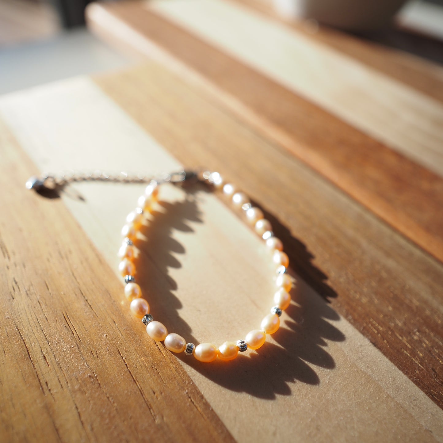 Natural Pinky Orange High Luster Bead Freshwater Pearls Bracelet, Silver Plated