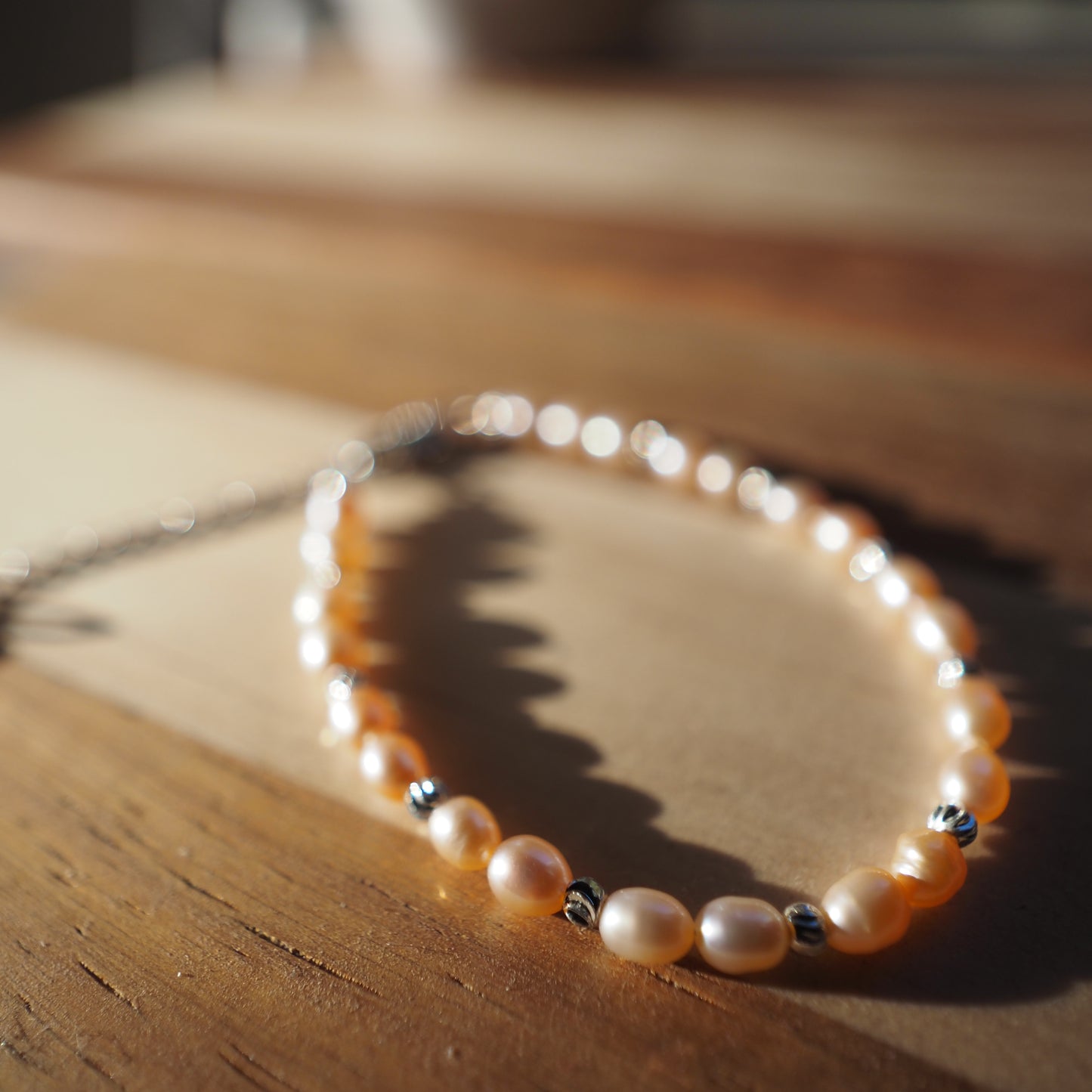 Natural Pinky Orange High Luster Bead Freshwater Pearls Bracelet, Silver Plated