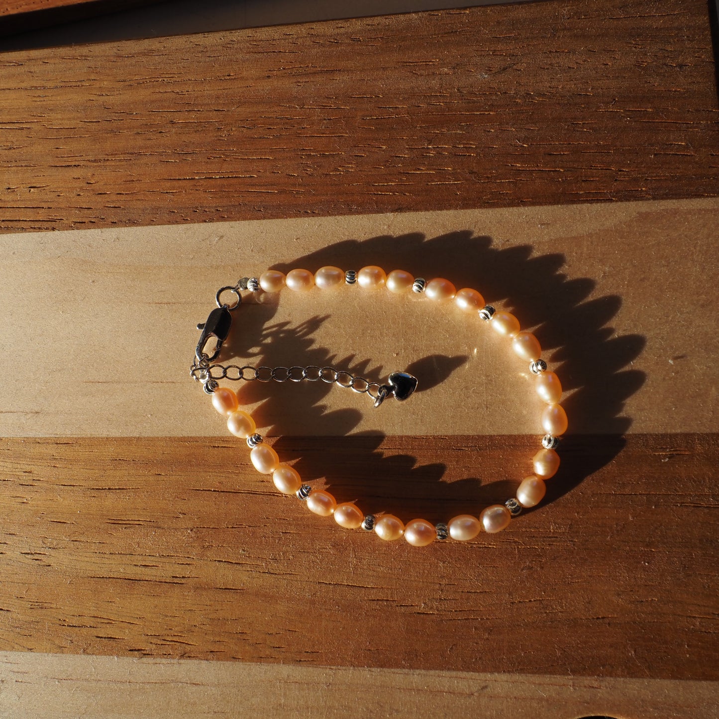 Natural Pinky Orange High Luster Bead Freshwater Pearls Bracelet, Silver Plated
