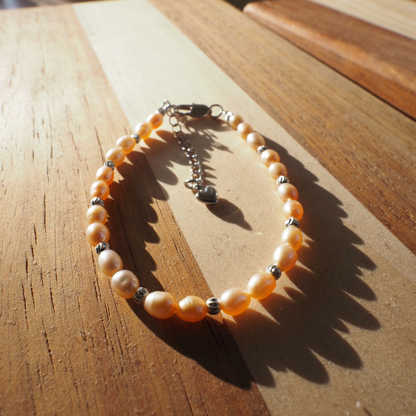 Natural Pinky Orange High Luster Bead Freshwater Pearls Bracelet, Silver Plated