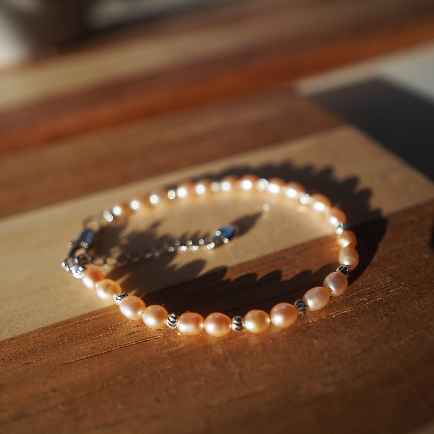 Natural Pinky Orange High Luster Bead Freshwater Pearls Bracelet, Silver Plated