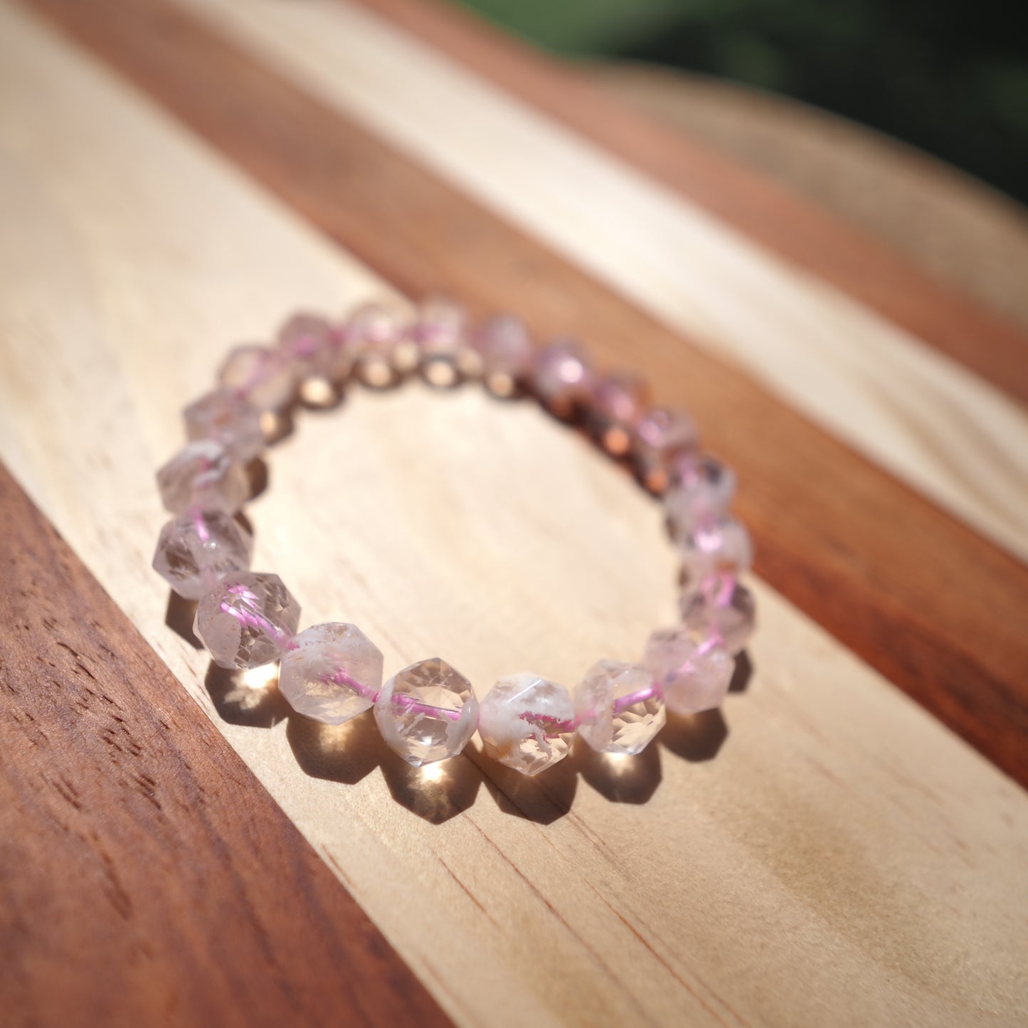Natural Pink Snowflake Phantom Quartz Diamond Cut Beads Bracelet