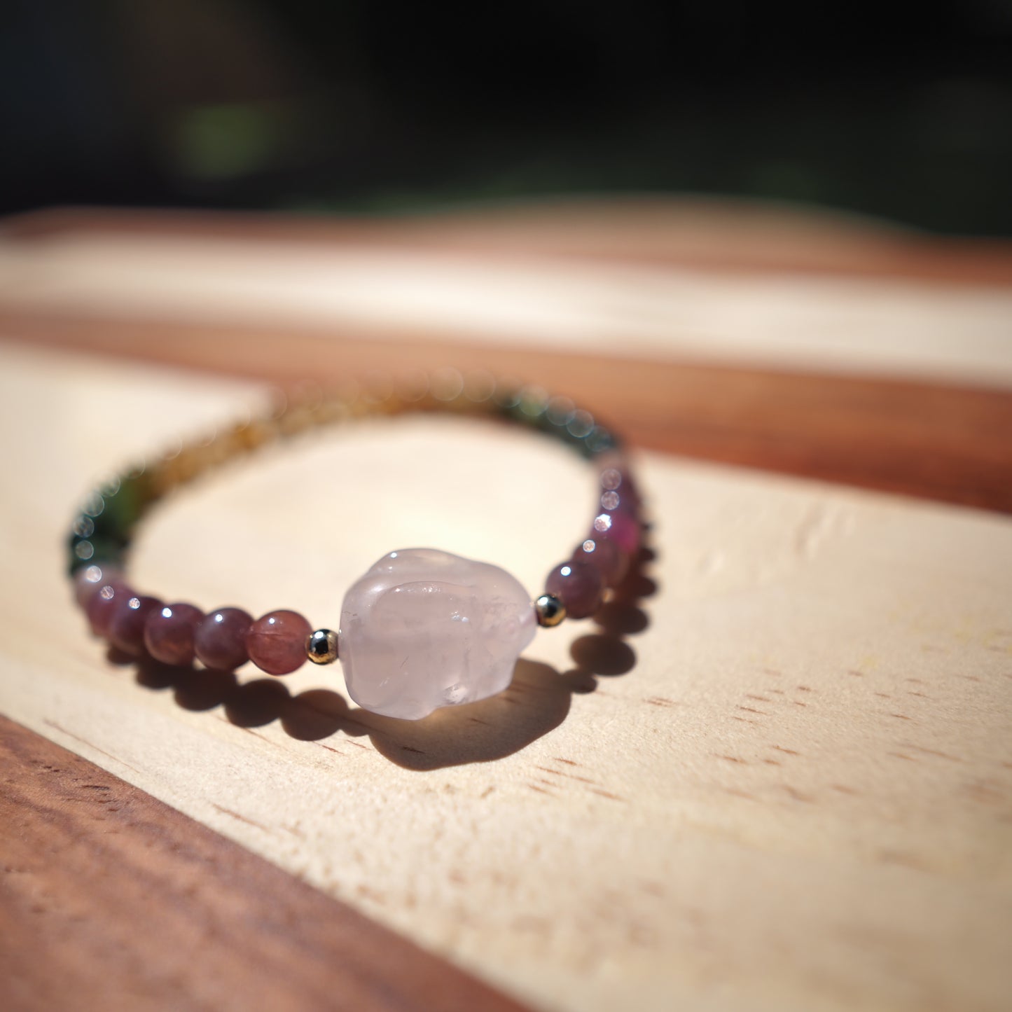 Natural High Quality Rainbow Color Tourmaline with Rose Quartz Rabbit Bracelet 5mm