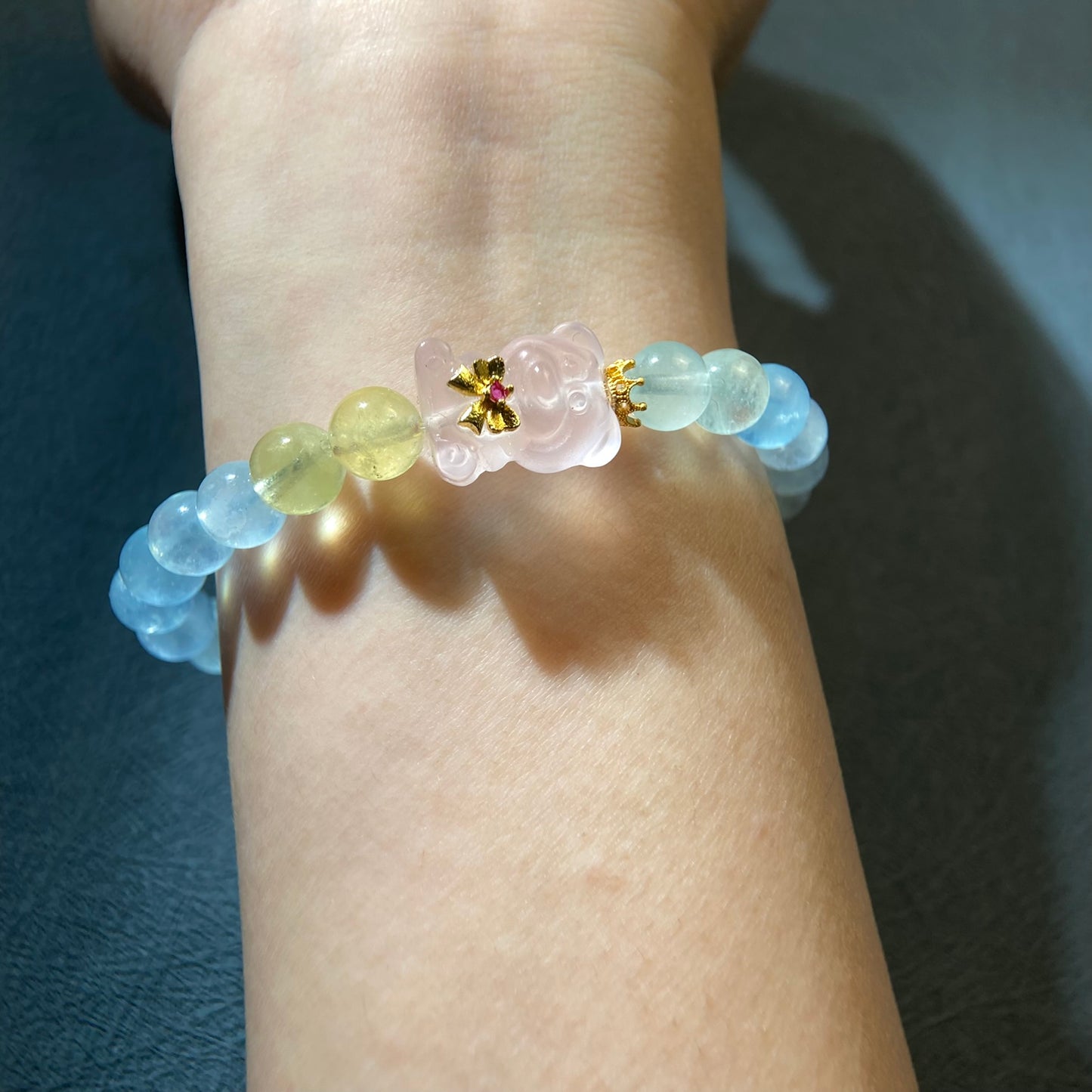 Natural Rainbow Candy Morganite and Rose Quartz Bear Charm Bracelet 8mm