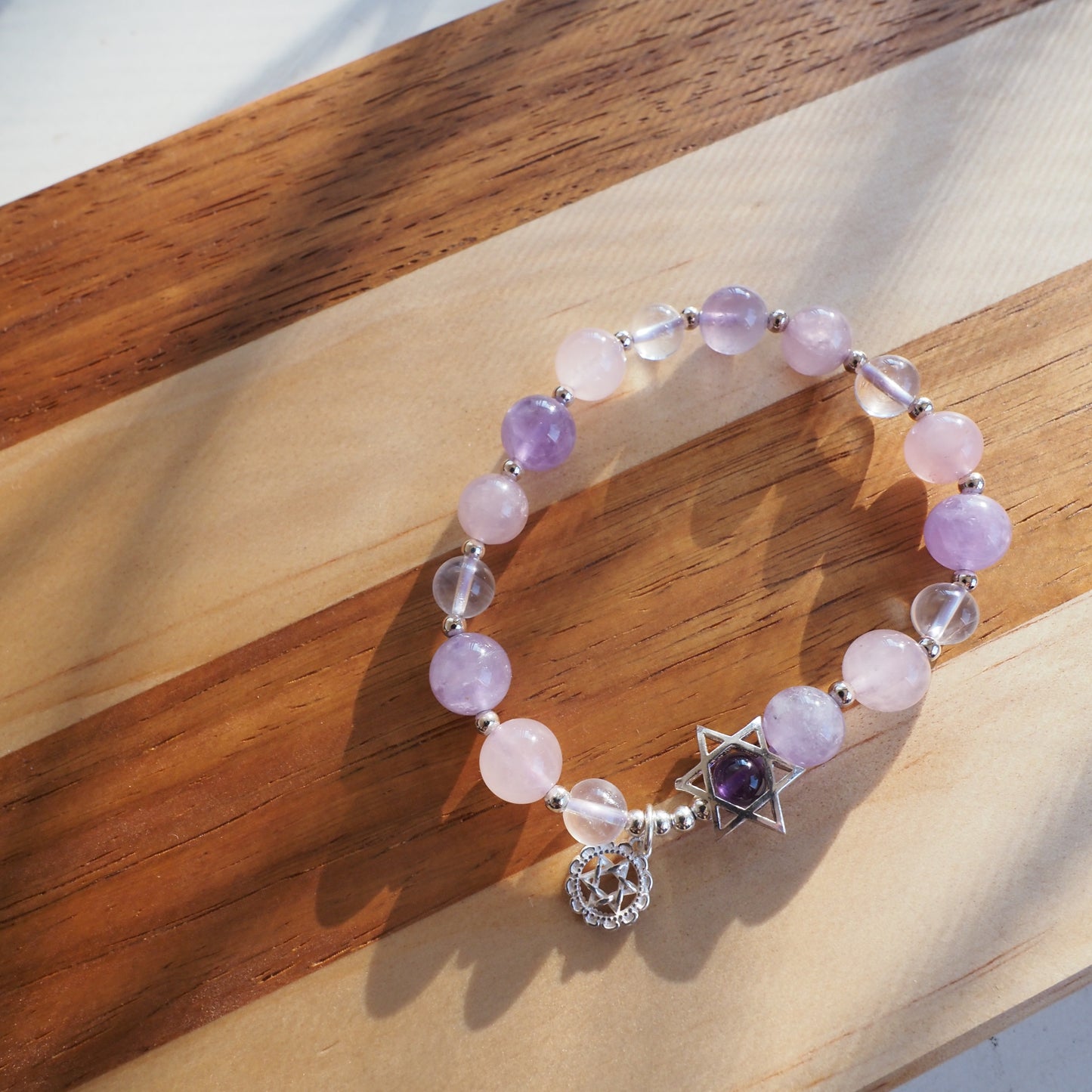 Natural Lavender Amethyst and Rose Quartz and Clear Quartz S925 Silver Charm Bracelet 9.5mm