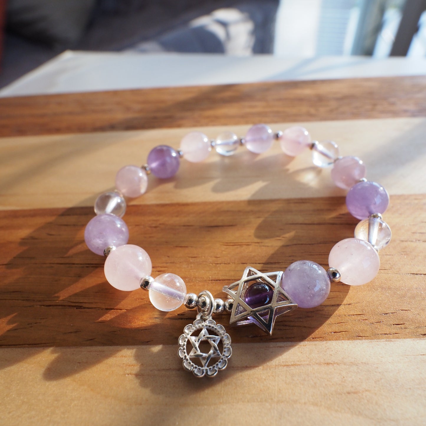 Natural Lavender Amethyst and Rose Quartz and Clear Quartz S925 Silver Charm Bracelet 9.5mm