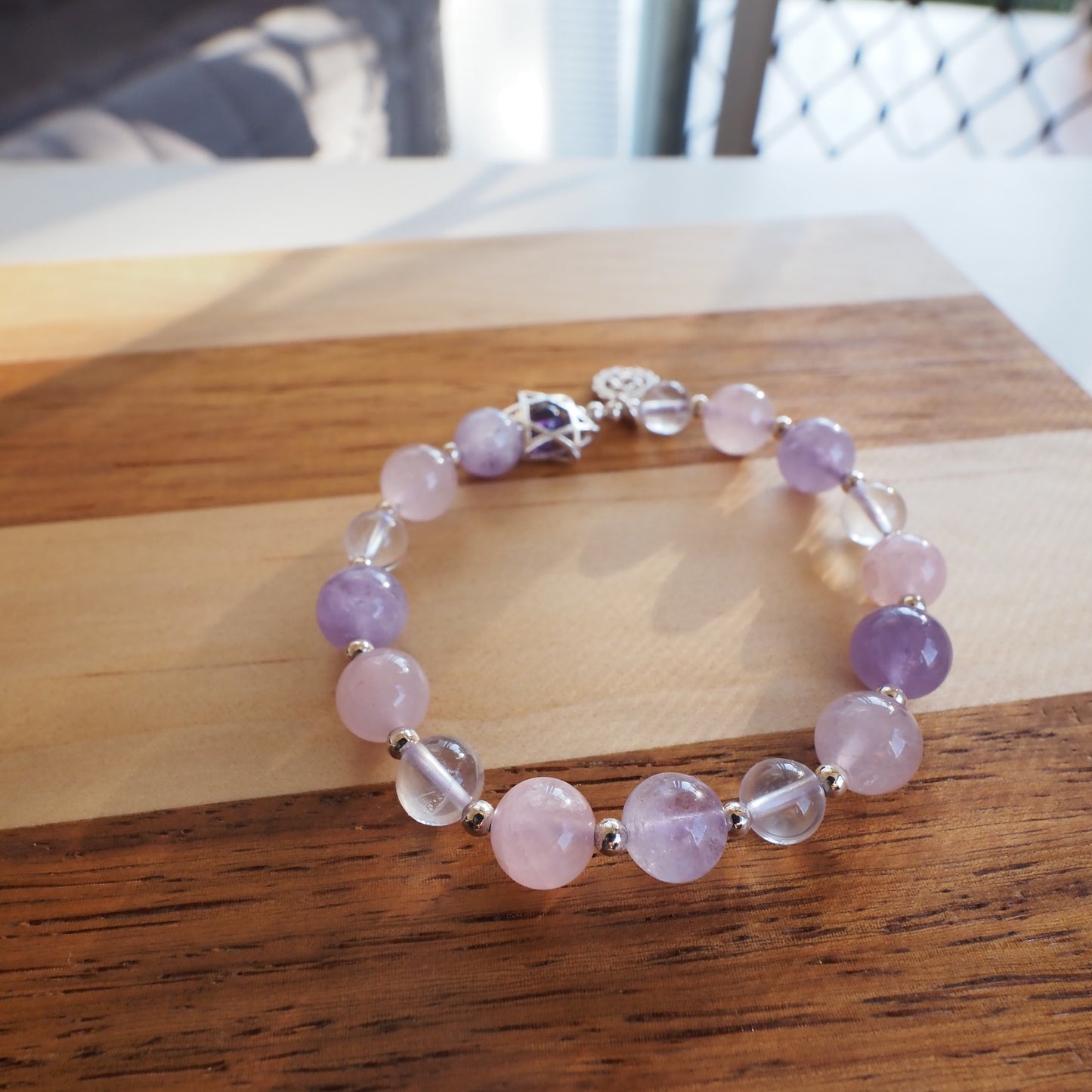 Natural Lavender Amethyst and Rose Quartz and Clear Quartz S925 Silver Charm Bracelet 9.5mm