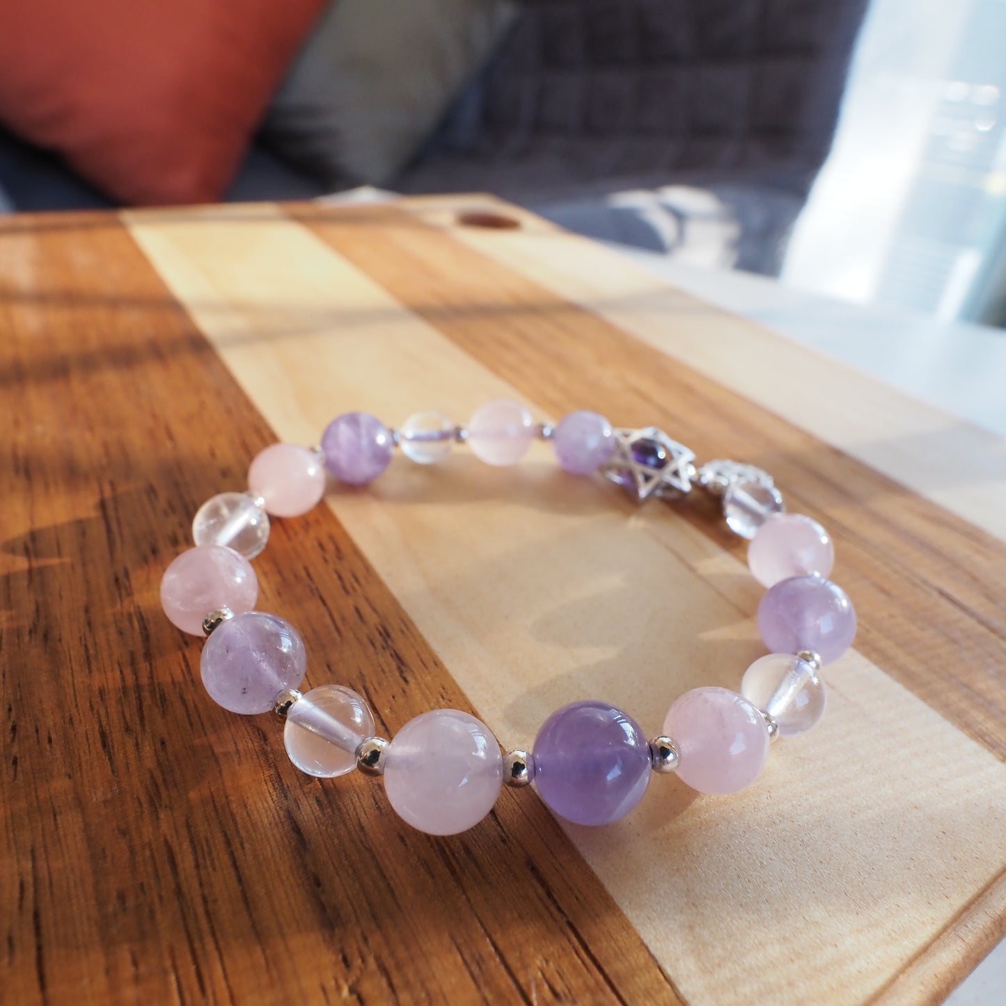 Natural Lavender Amethyst and Rose Quartz and Clear Quartz S925 Silver Charm Bracelet 9.5mm