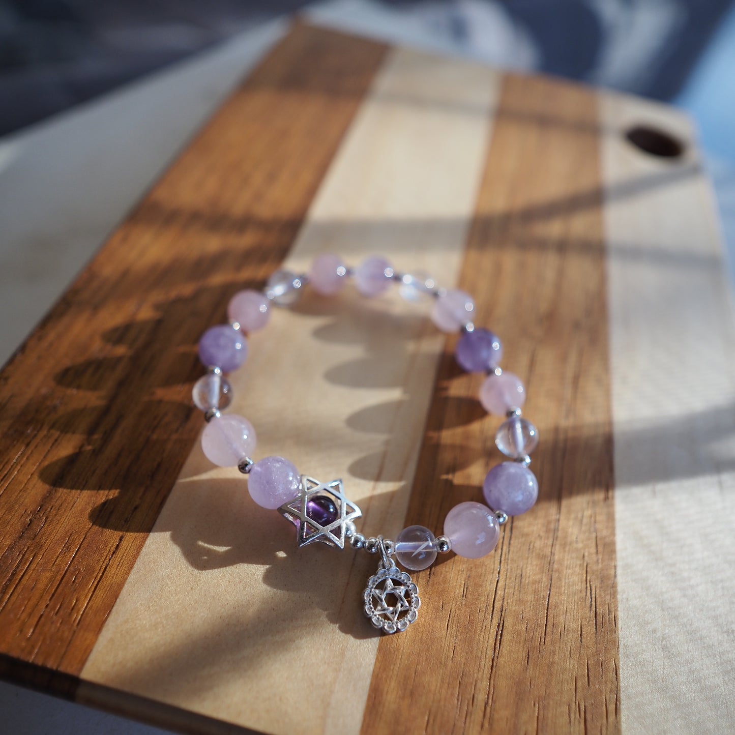 Natural Lavender Amethyst and Rose Quartz and Clear Quartz S925 Silver Charm Bracelet 9.5mm