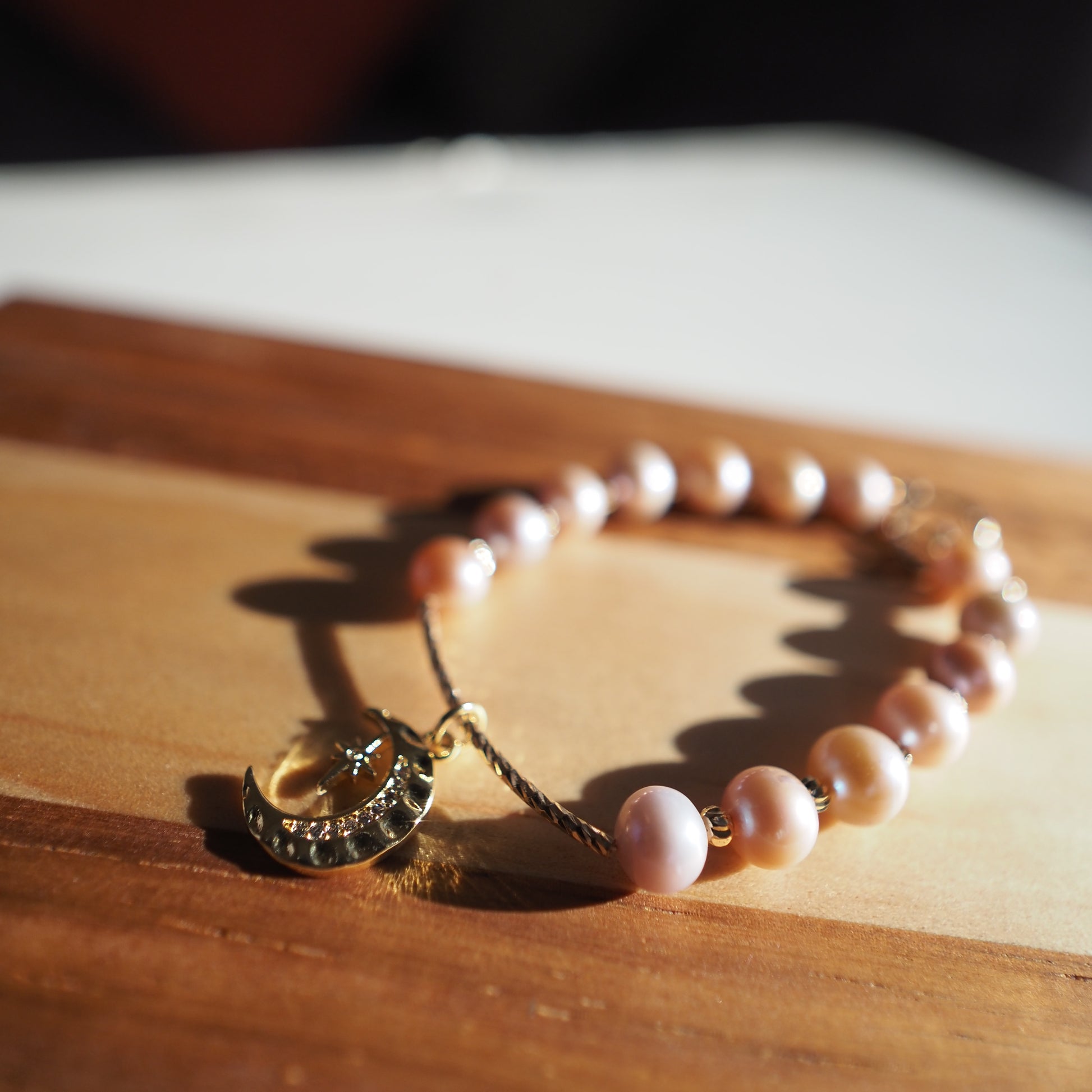 Natural Pinky Orange High Luster Round Bead Freshwater Pearls Bracelet, Gold Plated Zennara