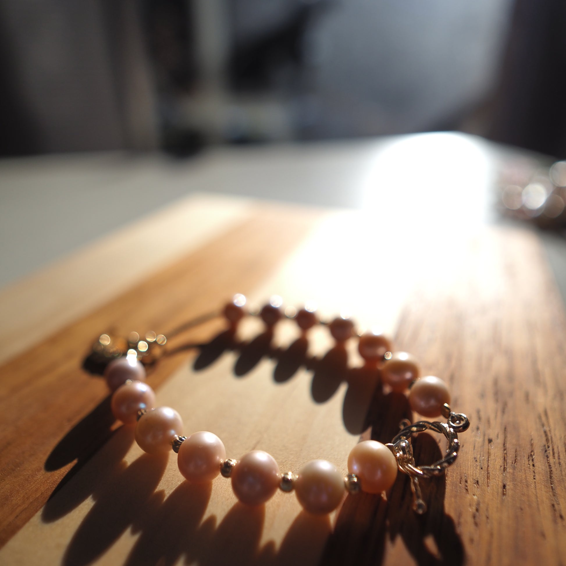 Natural Pinky Orange High Luster Round Bead Freshwater Pearls Bracelet, Gold Plated Zennara