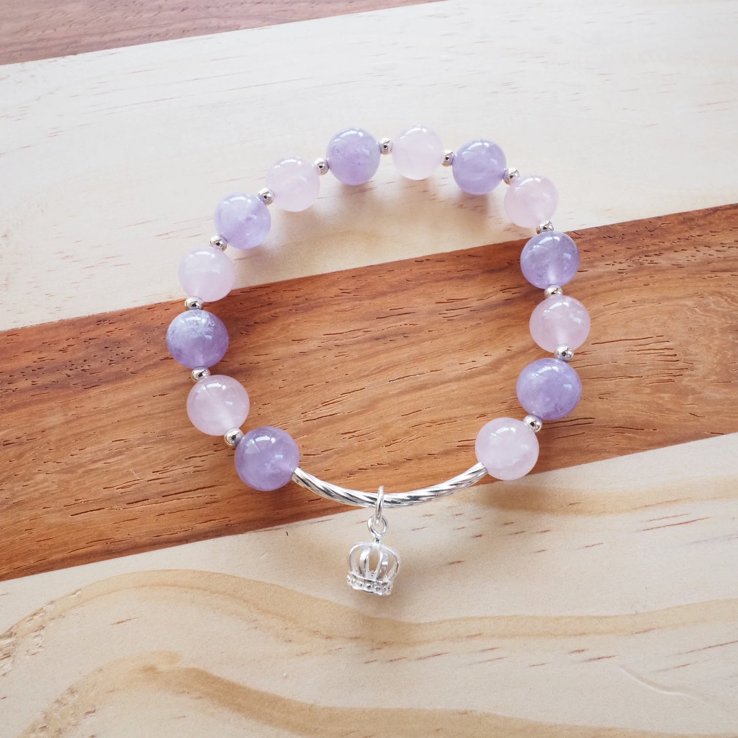Natural Lavender Amethyst and Rose Quartz and Clear Quartz S925 Silver Crown Charm Bracelet 9.5mm