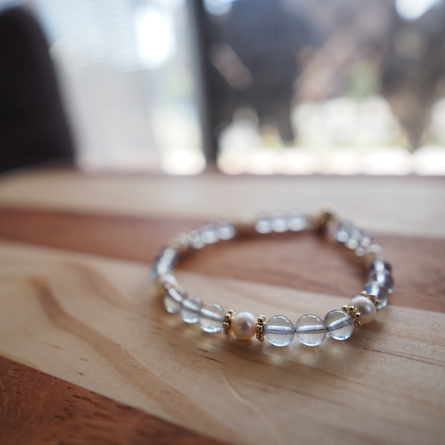 Natural Aquamarine Crystal and Freshwater Pearl Bracelet 5.5mm, 14K Gold Plated
