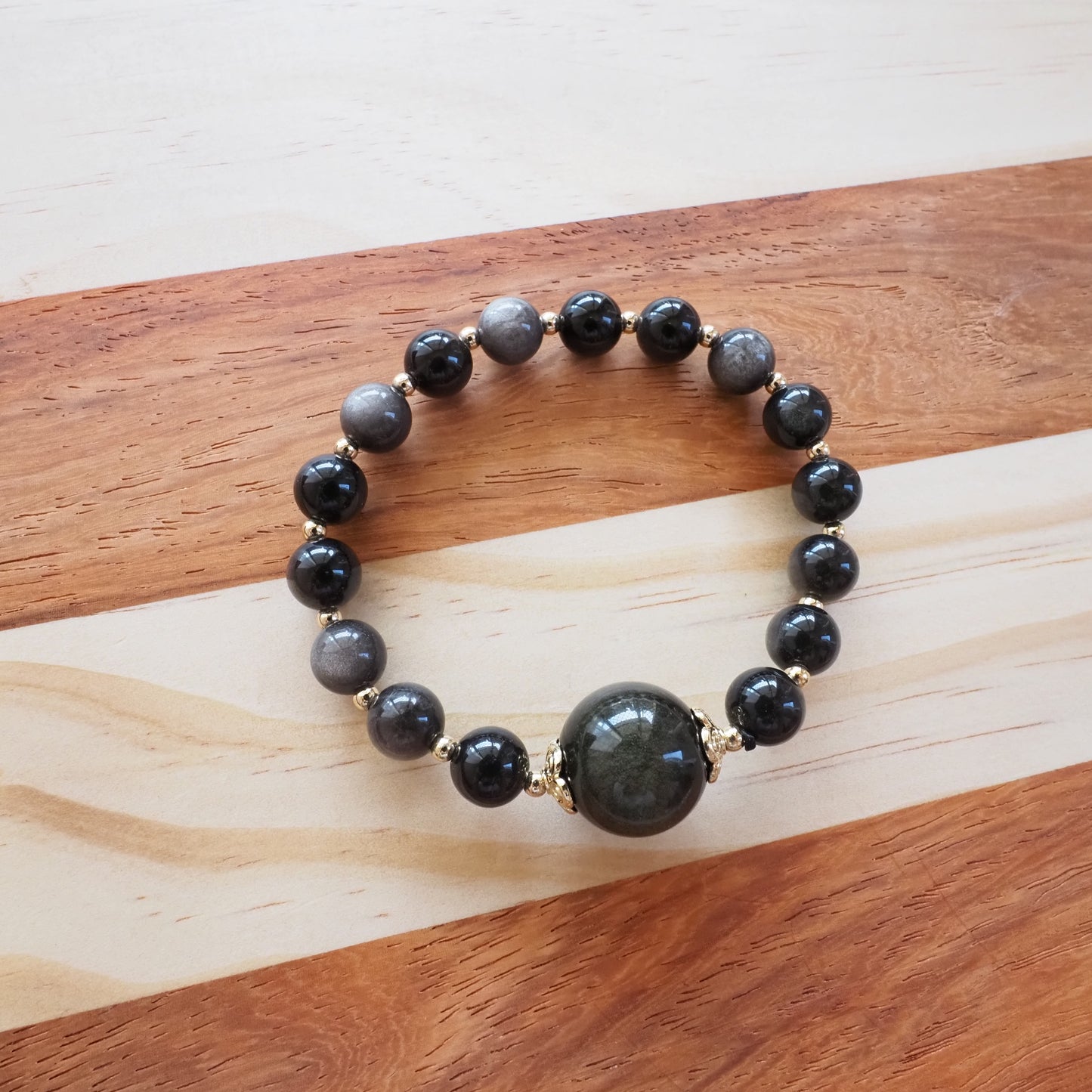Natural Rainbow Obsidian with 16mm Round Gold Sheen Obsidian Bead Bracelet 8mm