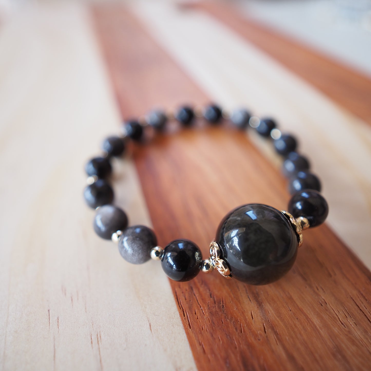 Natural Rainbow Obsidian with 16mm Round Gold Sheen Obsidian Bead Bracelet 8mm