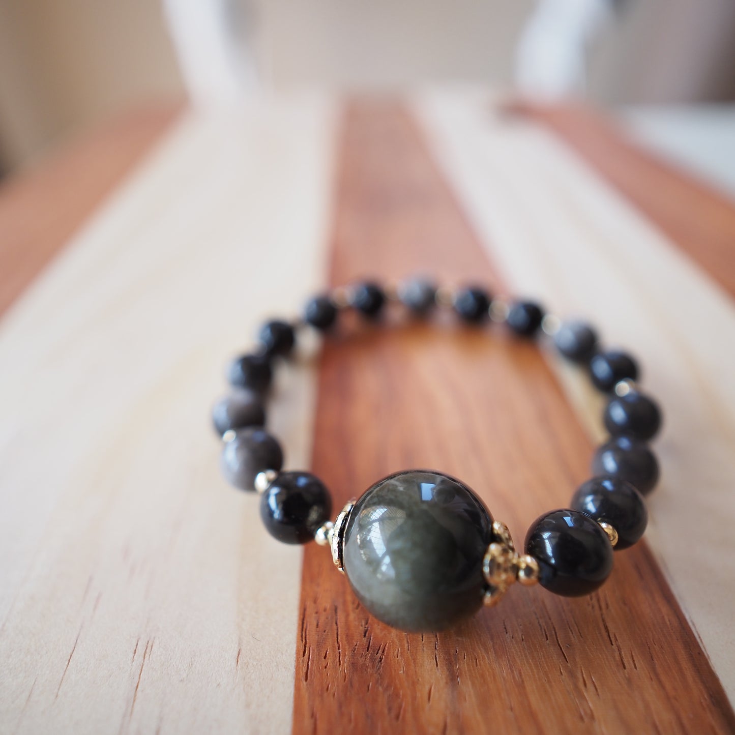 Natural Rainbow Obsidian with 16mm Round Gold Sheen Obsidian Bead Bracelet 8mm