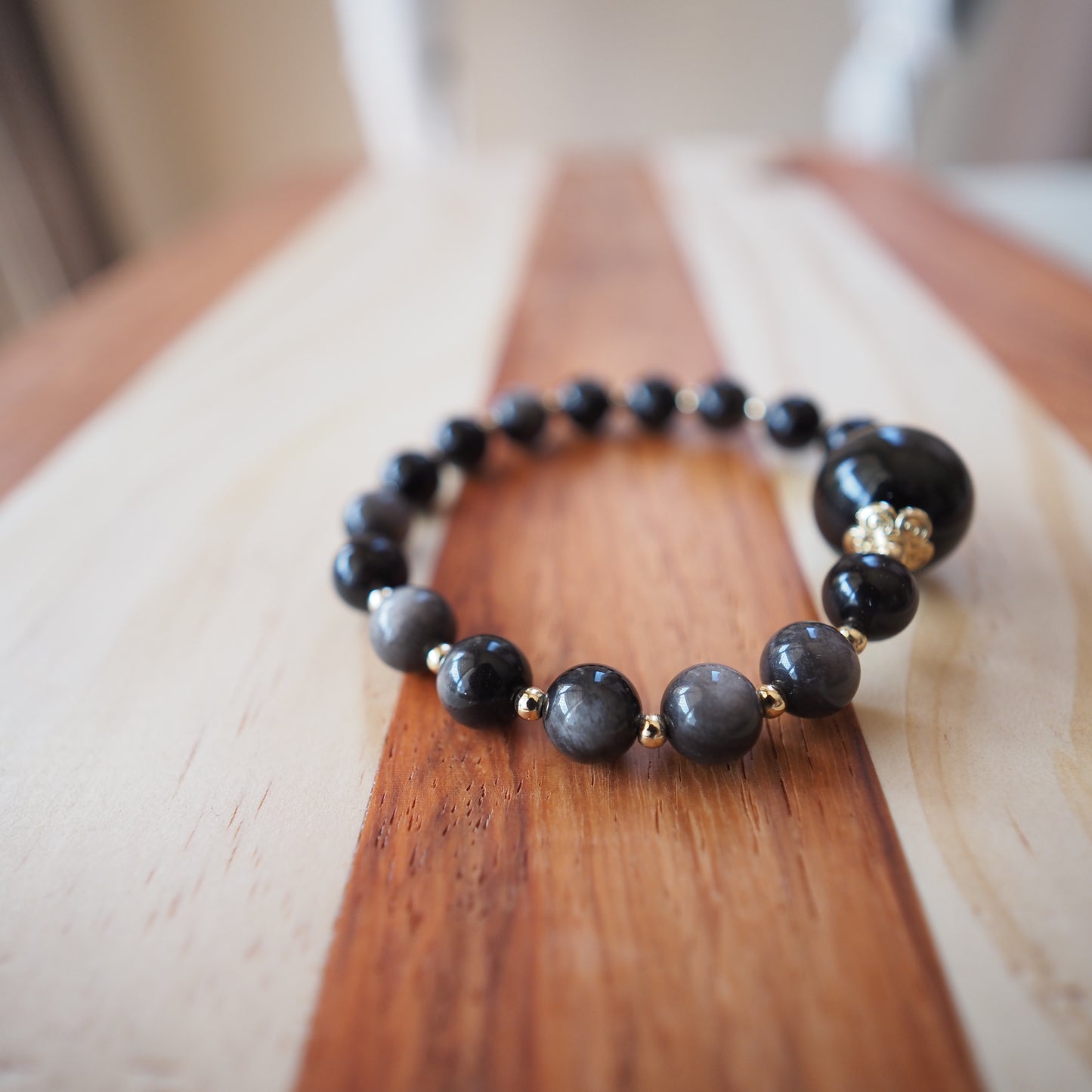 Natural Rainbow Obsidian with 16mm Round Gold Sheen Obsidian Bead Bracelet 8mm