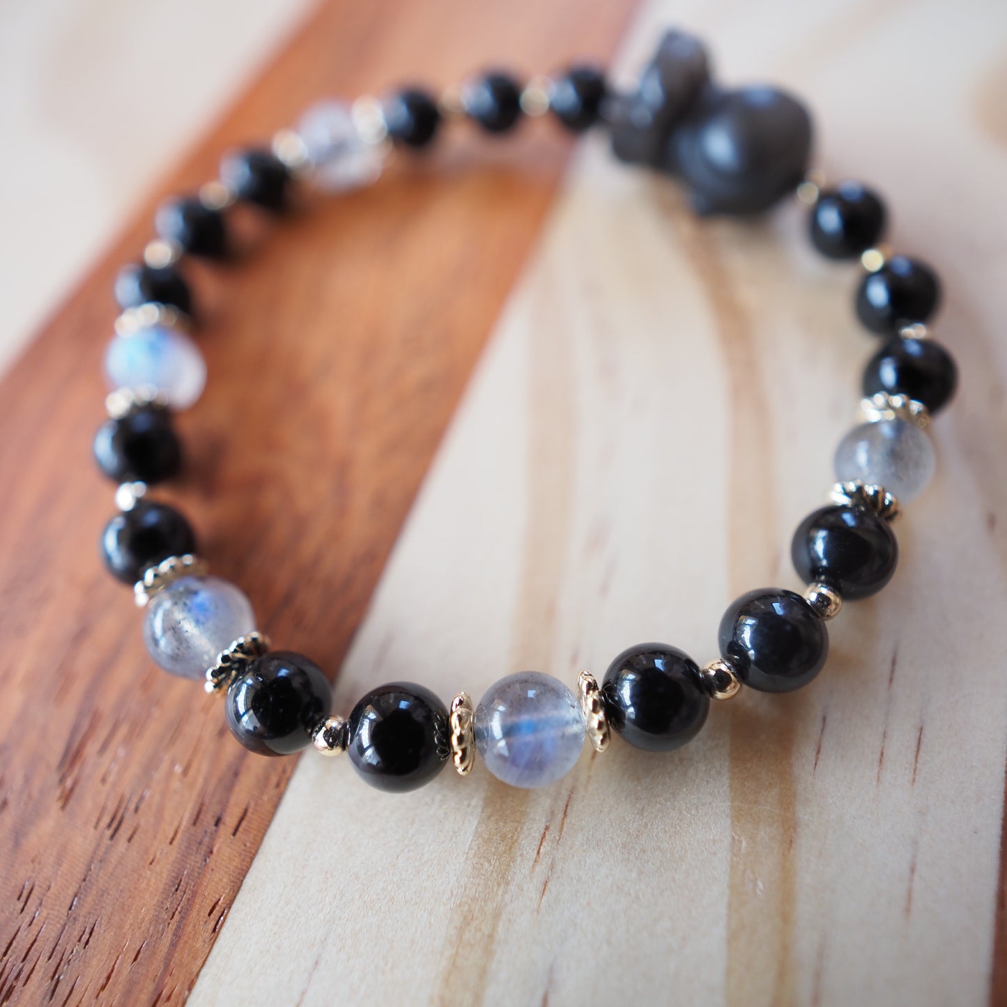 Natural Black Tourmaline and Labradorite with Silver Sheen Obsidian Spaceman Gemstone Bead Bracelet 6mm