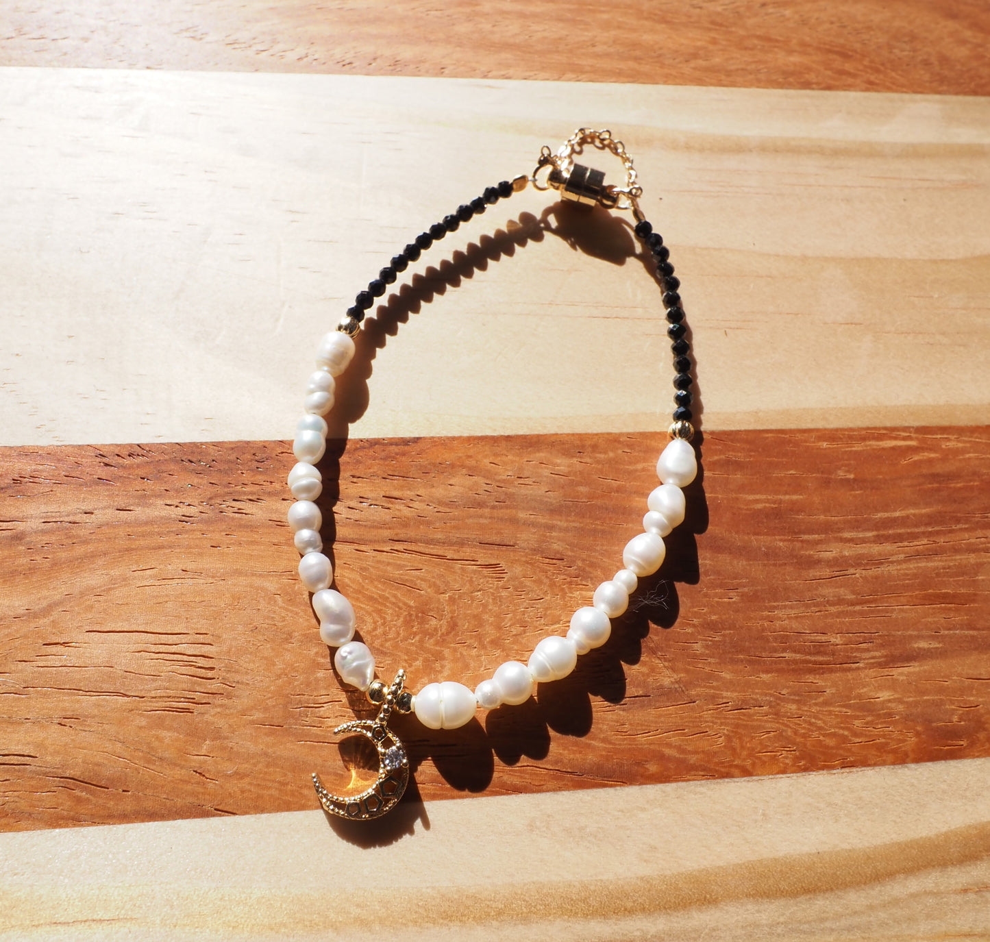 Black Spinel and Freshwater Pearl Bracelet, 14K Gold Plated