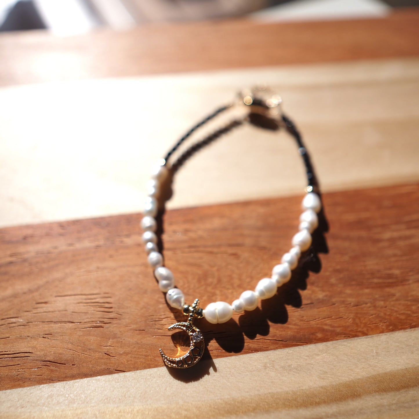 Black Spinel and Freshwater Pearl Bracelet, 14K Gold Plated