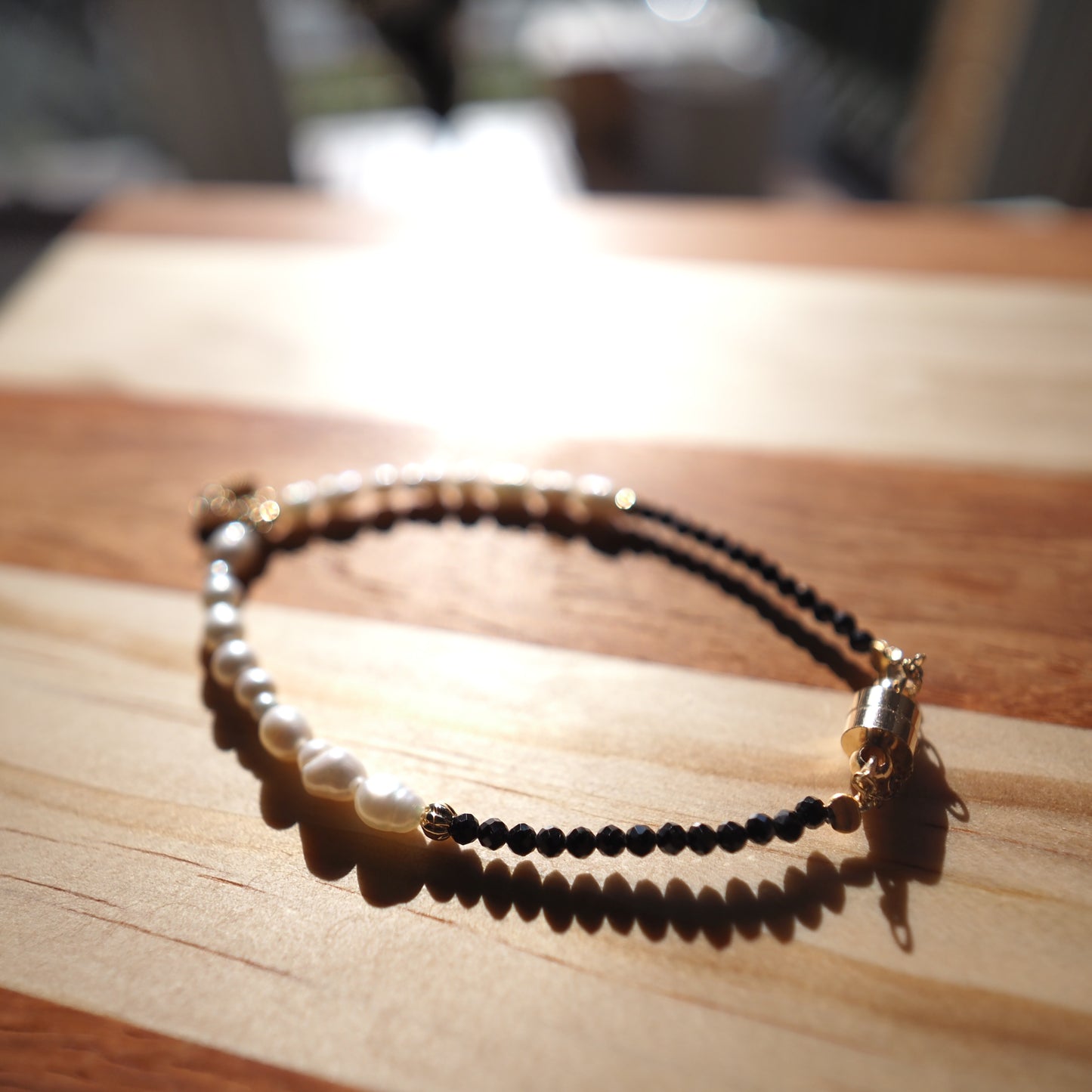 Black Spinel and Freshwater Pearl Bracelet, 14K Gold Plated