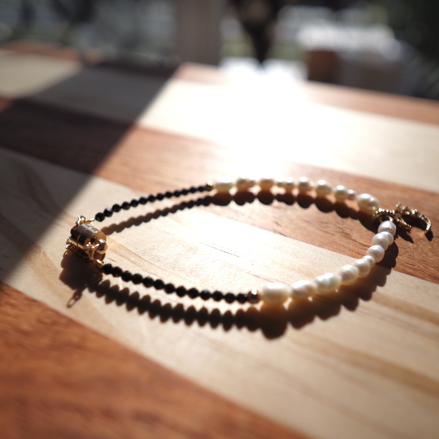 Black Spinel and Freshwater Pearl Bracelet, 14K Gold Plated