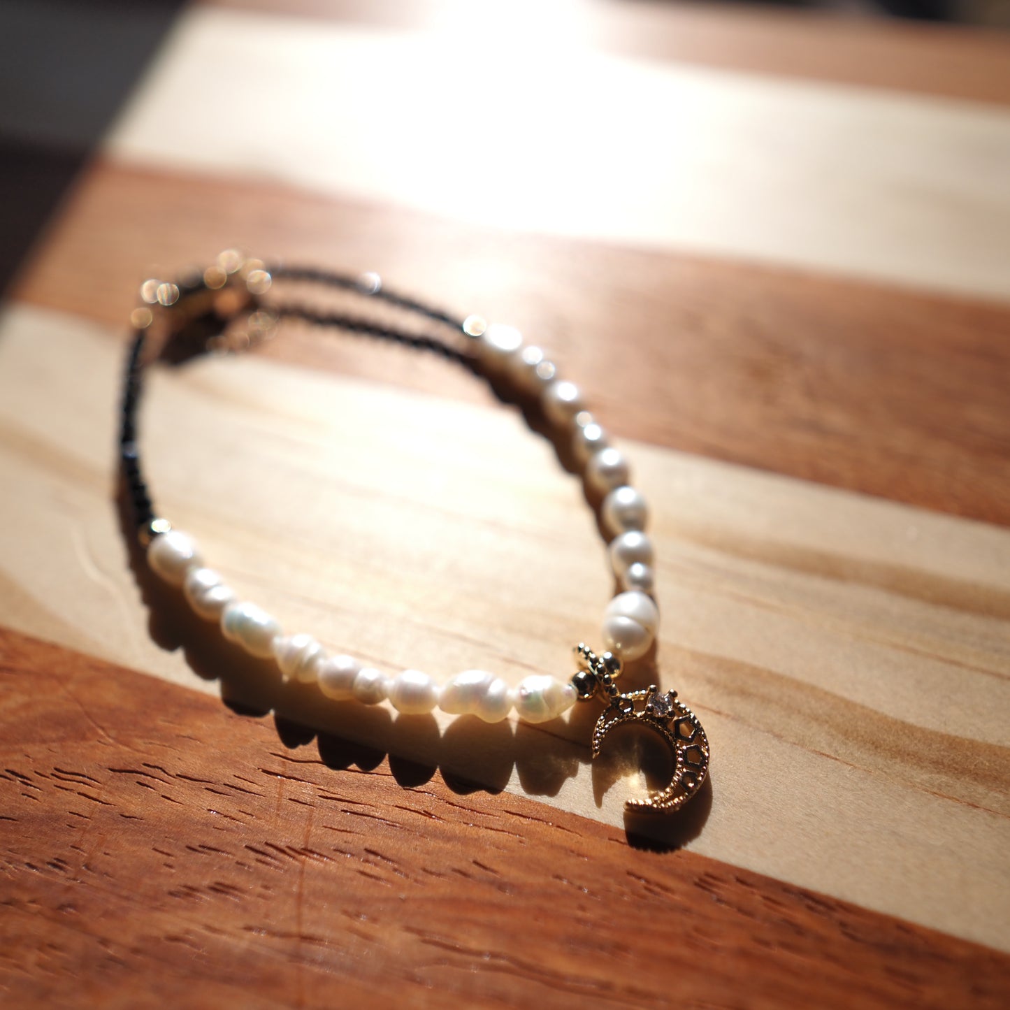 Black Spinel and Freshwater Pearl Bracelet, 14K Gold Plated