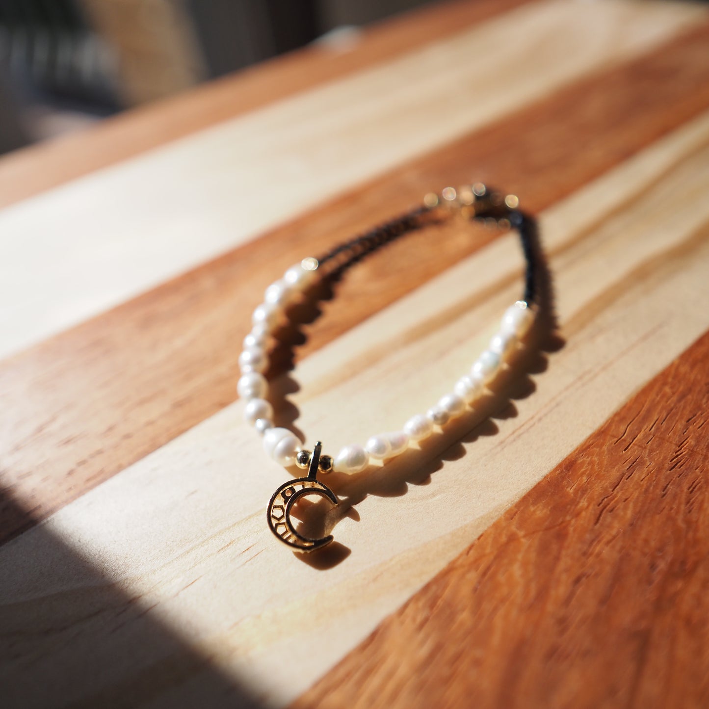 Black Spinel and Freshwater Pearl Bracelet, 14K Gold Plated