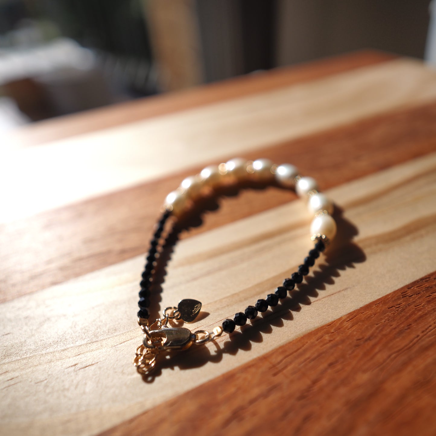 Black Spinel and Freshwater Pearl Bracelet, Gold Plated