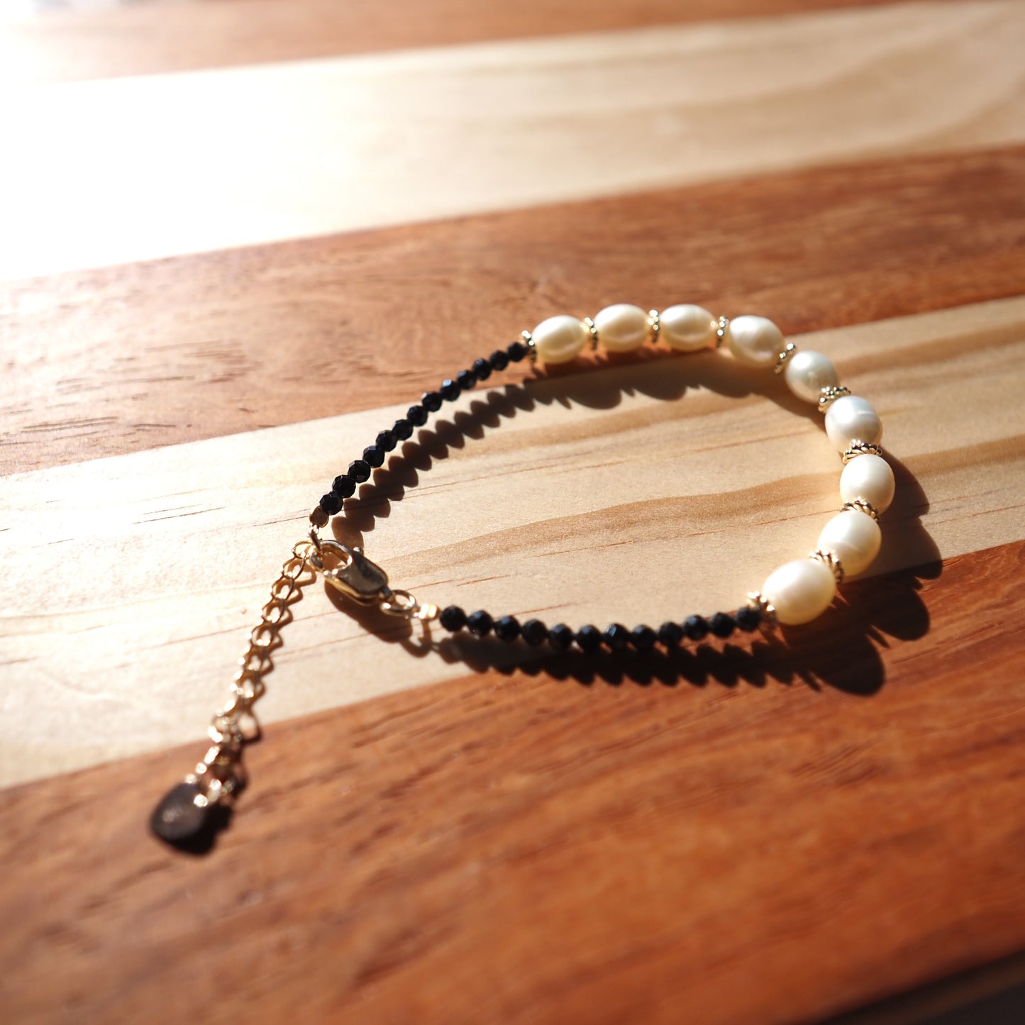 Black Spinel and Freshwater Pearl Bracelet, Gold Plated