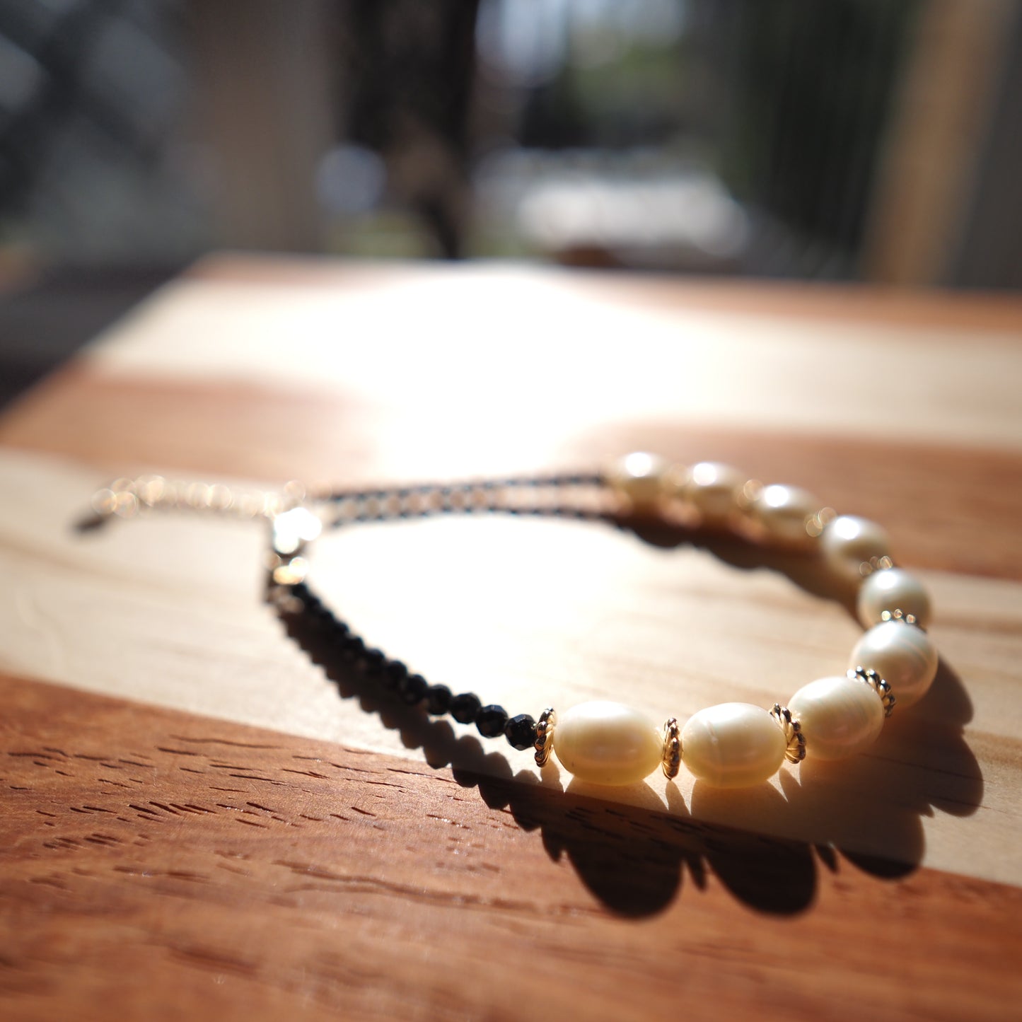 Black Spinel and Freshwater Pearl Bracelet, Gold Plated